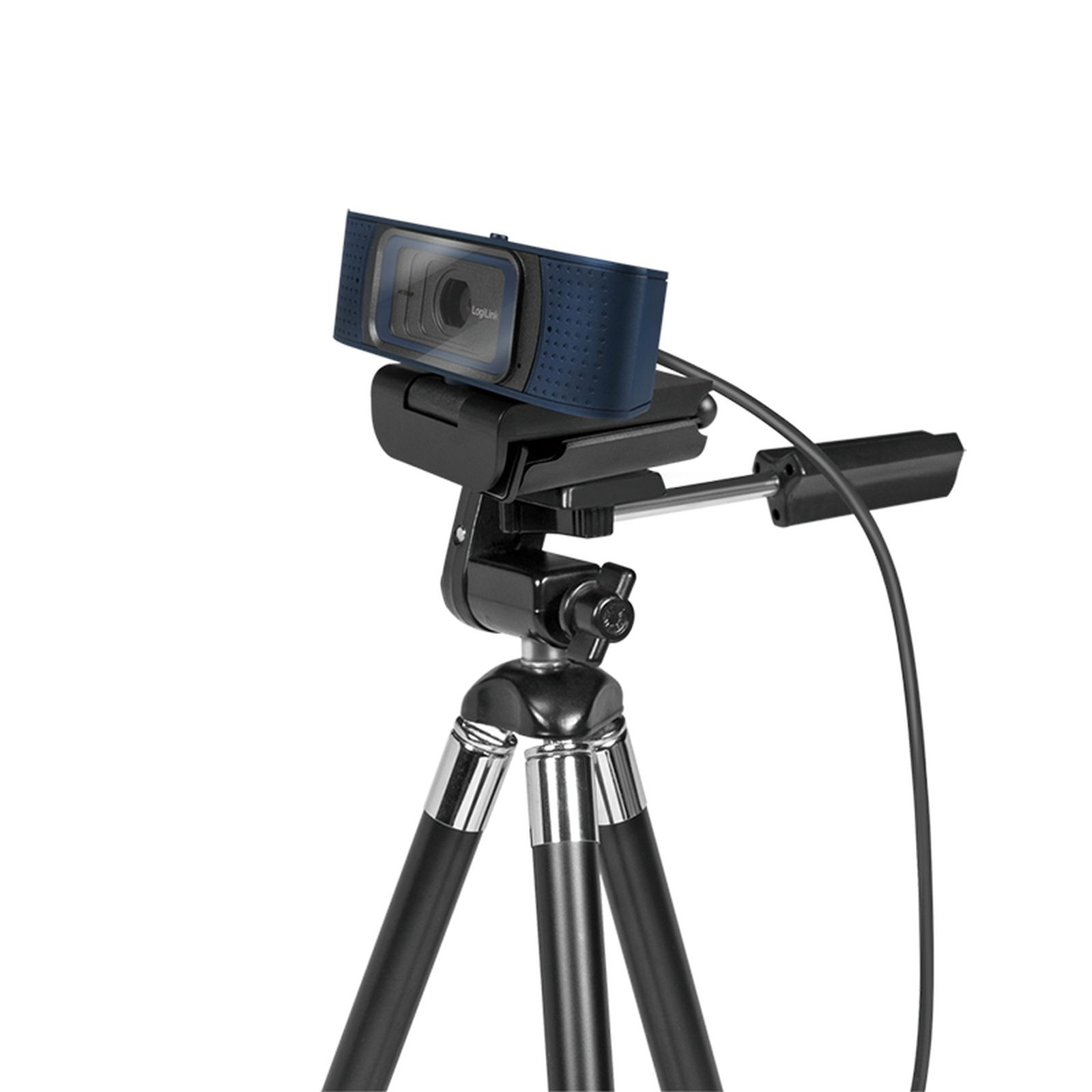 Webcam blu scuro su treppiede nero con sfondo bianco.
