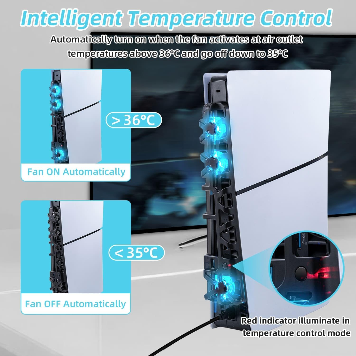 Ein Lüfterkühler für eine weiße Konsole mit blauen Lichtern, der sich bei über 36°C einschaltet.