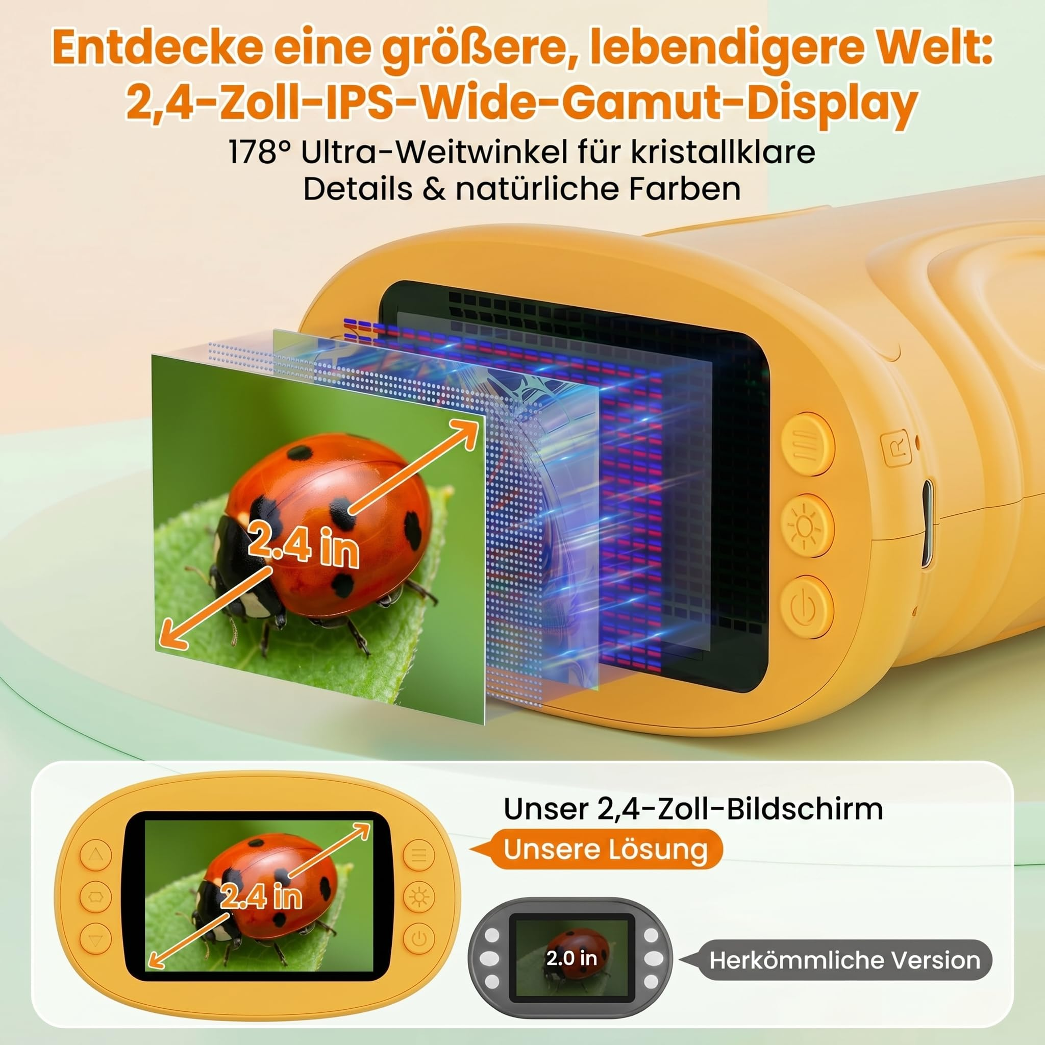 Gelbes Gerät mit 2,4-Zoll-Display zeigt Marienkäfer. Vergleich mit kleinerem 2,0-Zoll-Display.