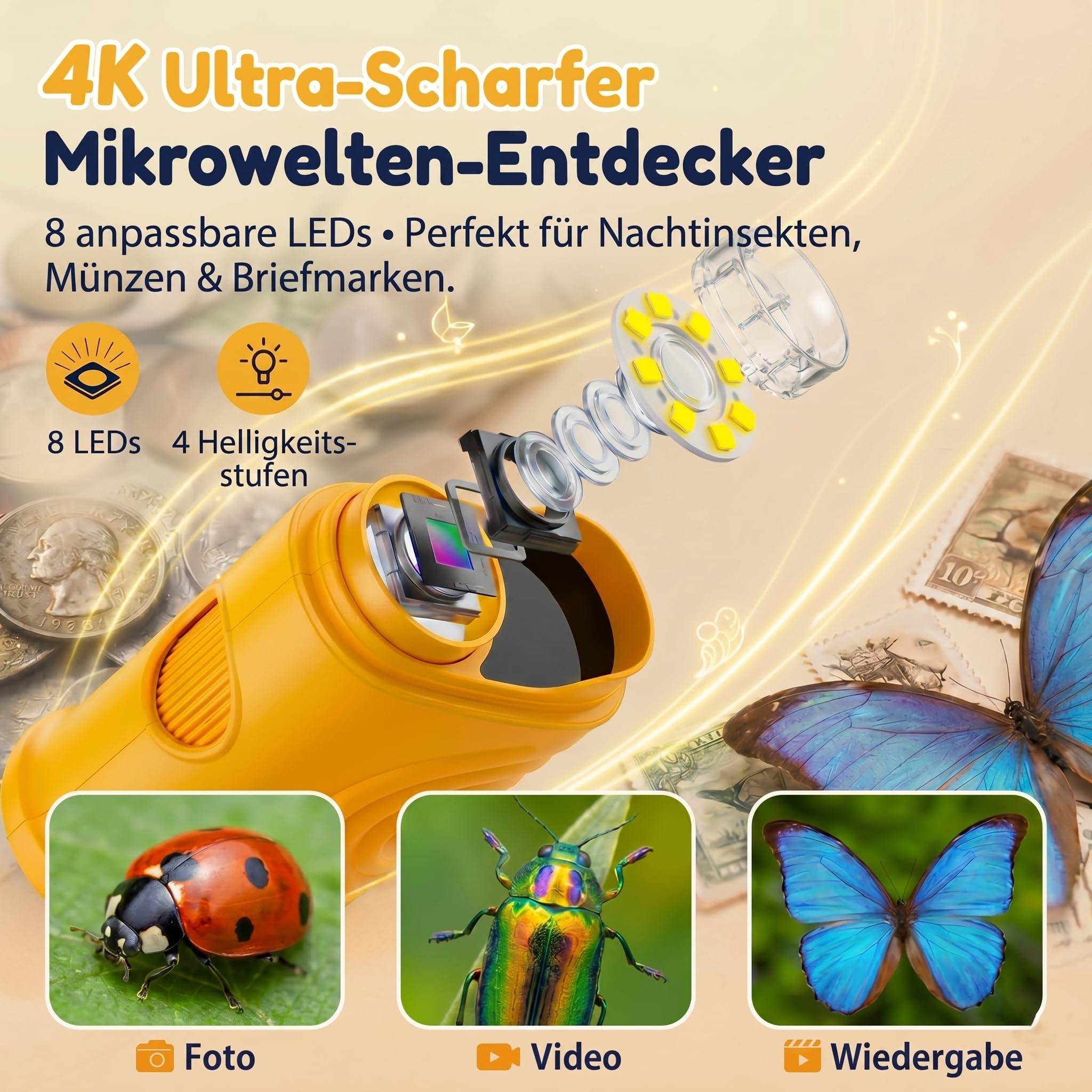Orange-gelbes Mikroskop mit Lupe, Münzen, Briefmarken, Marienkäfer, Käfer, Schmetterling.