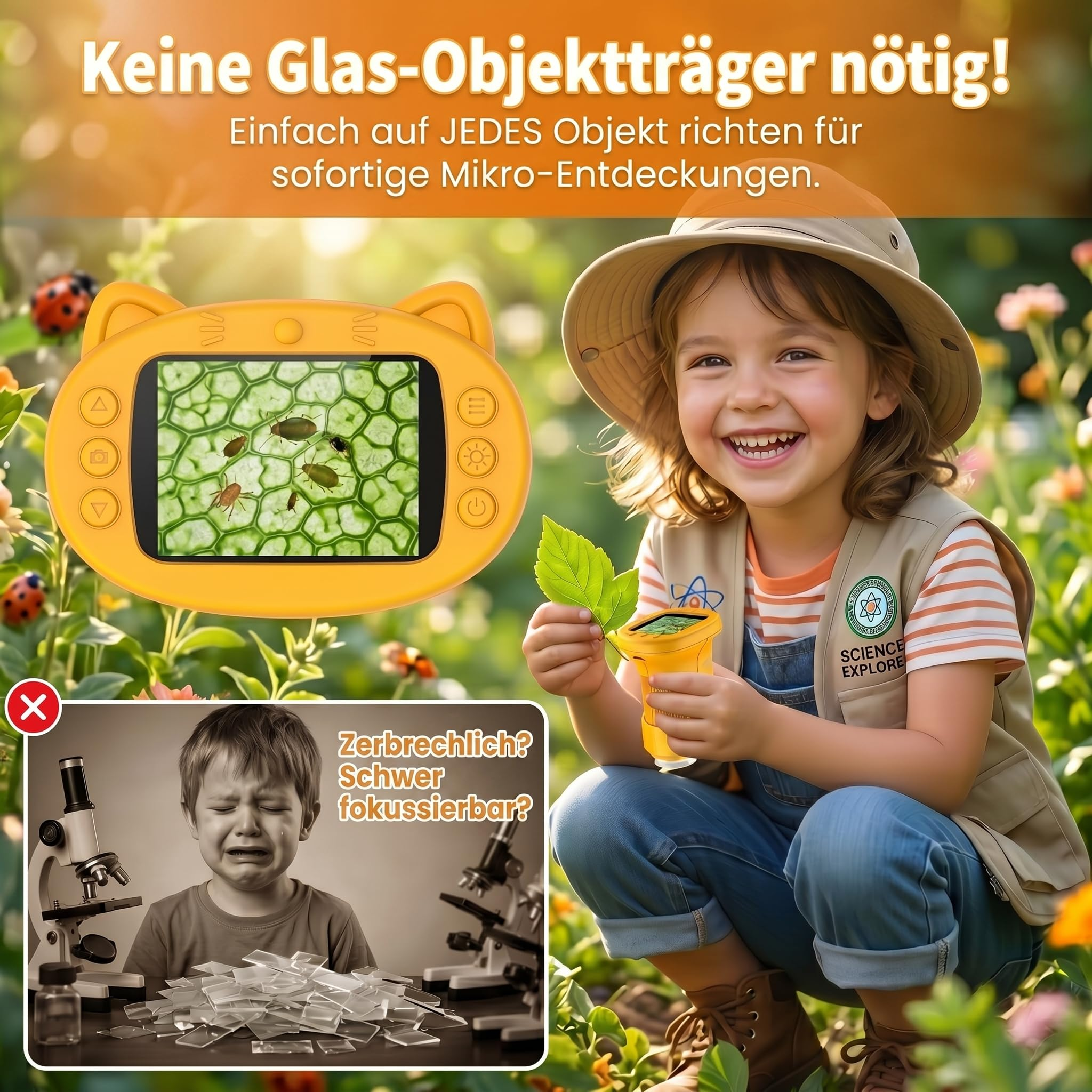 Ein lachendes Kind mit Becherlupe und ein gelbes Gerät zeigen Insekten auf Blättern.