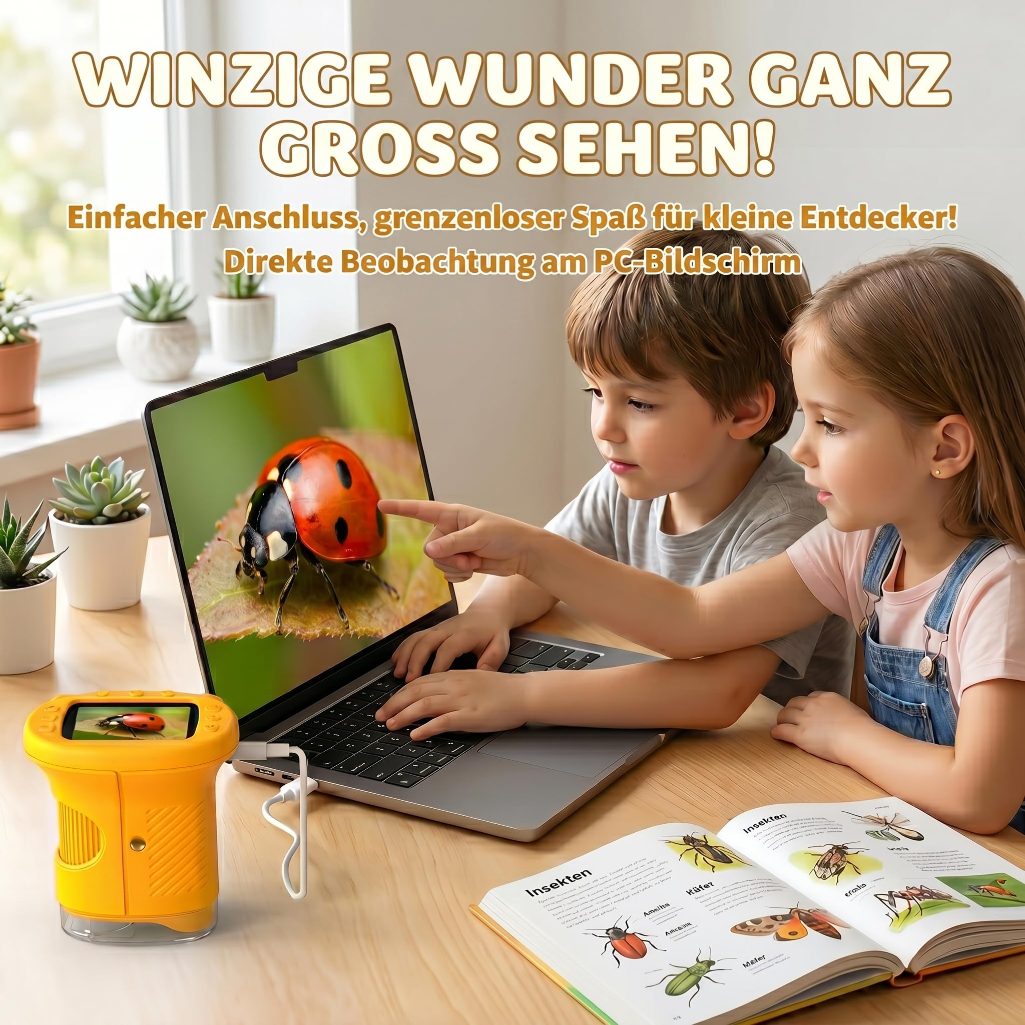 Kinder erforschen eine Marienkäfer-Nahaufnahme auf einem Laptop.