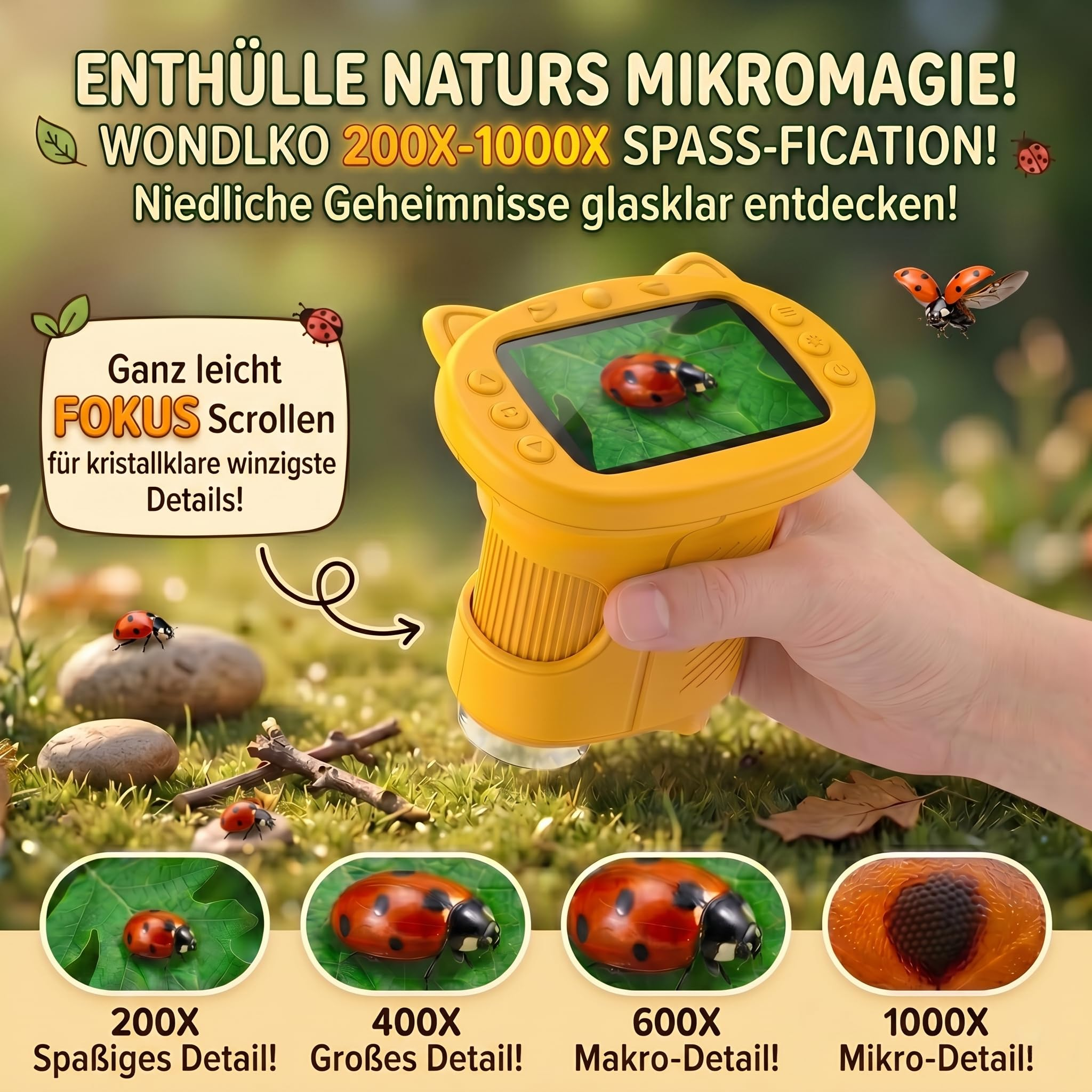 Gelbes Mikroskop zeigt Marienkäfer in verschiedenen Vergrößerungen auf Blättern und im Gras.