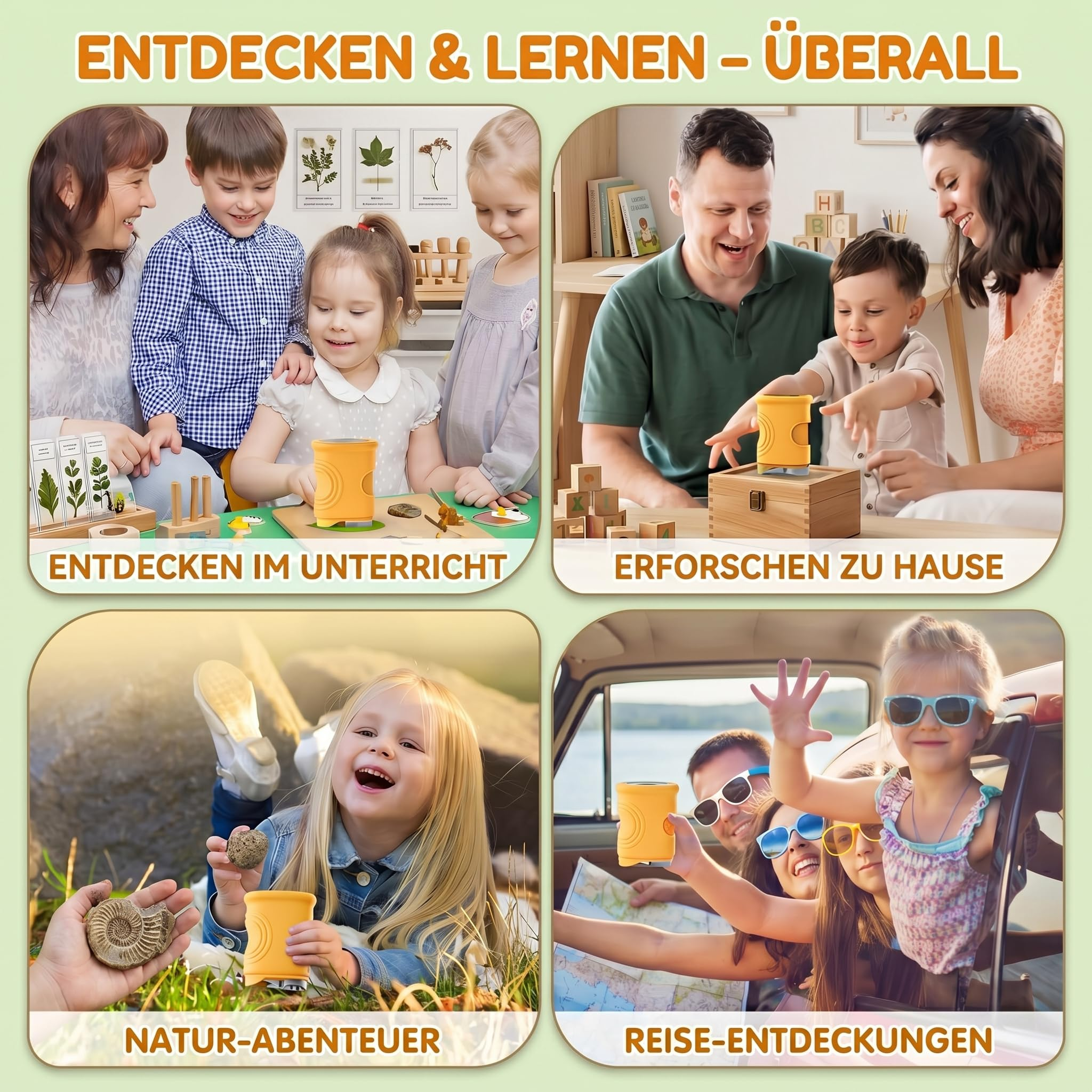 Vier Szenen zeigen Familien beim Entdecken und Lernen: im Unterricht, zu Hause, in der Natur und auf Reisen.