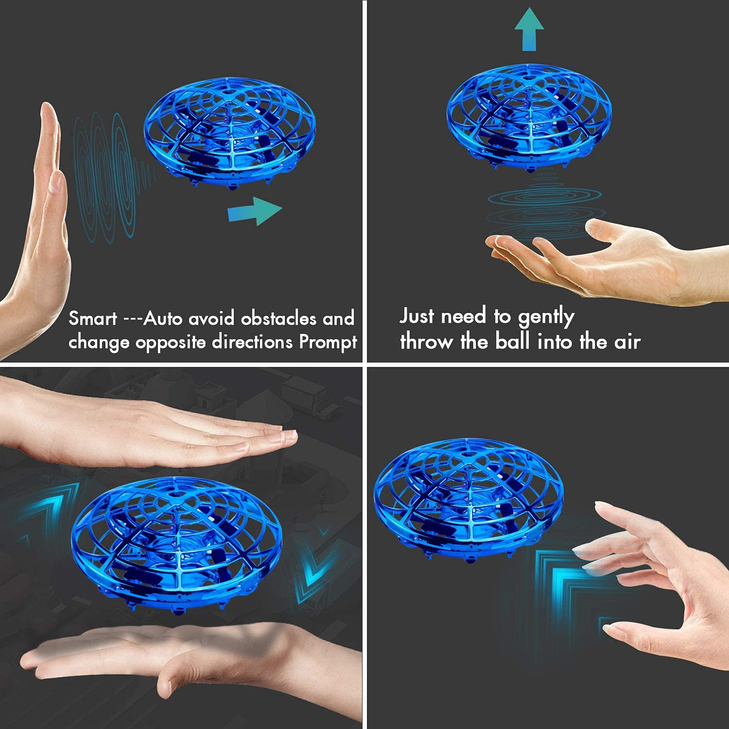 Eine blaue Drohne weicht der Hand aus, wird geworfen und reagiert auf Gesten.