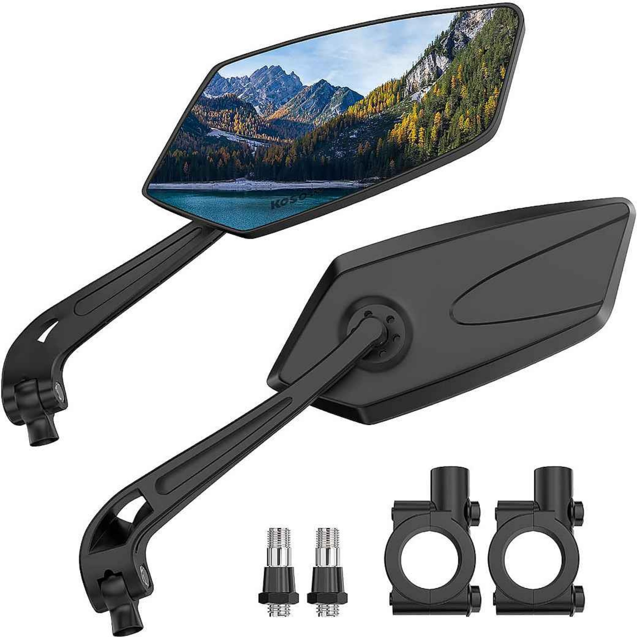 Zwei schwarze Motorradspiegel mit Berglandschaft im oberen Spiegel und Zubehör.