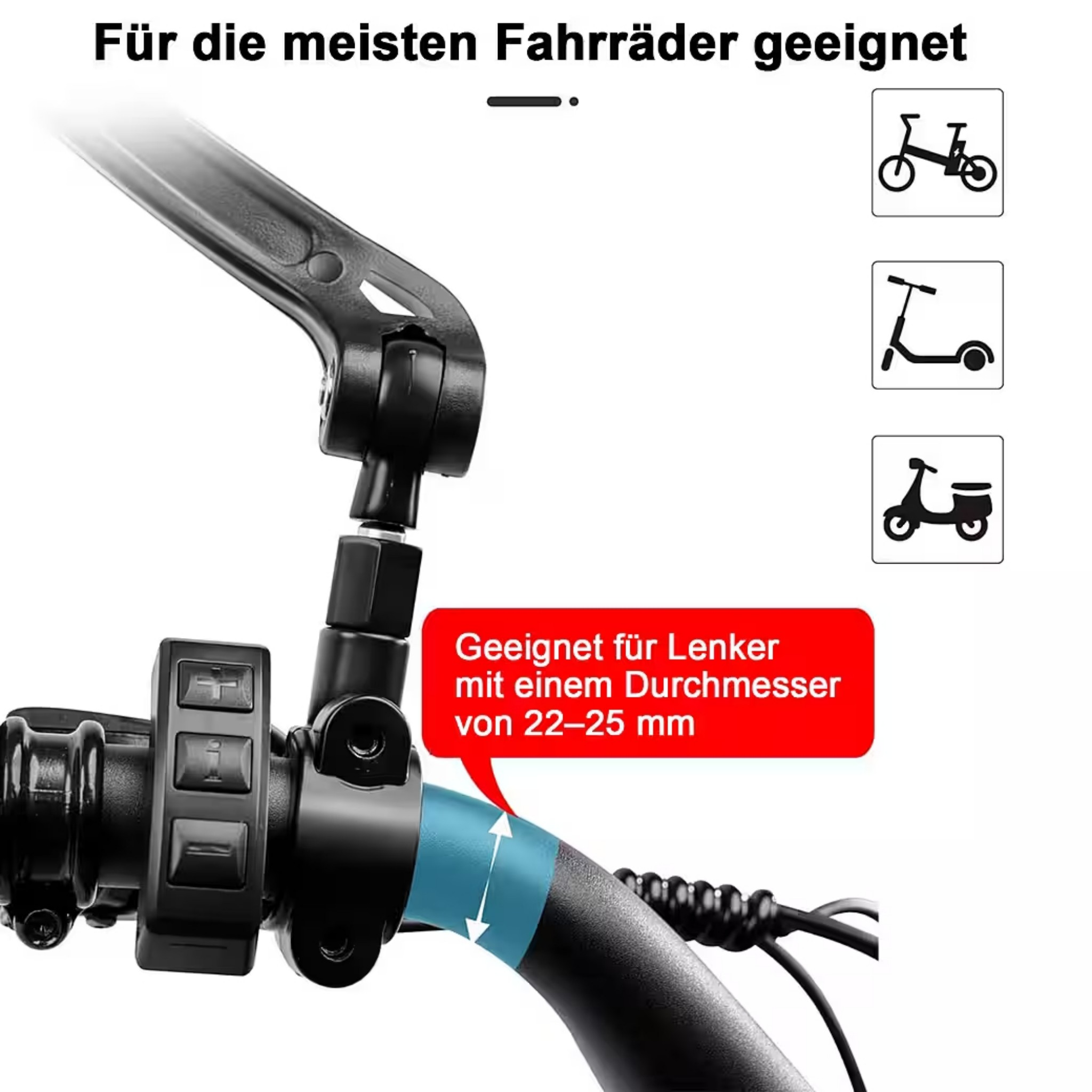 Fahrradspiegelhalterung für Lenker mit 22-25 mm Durchmesser.