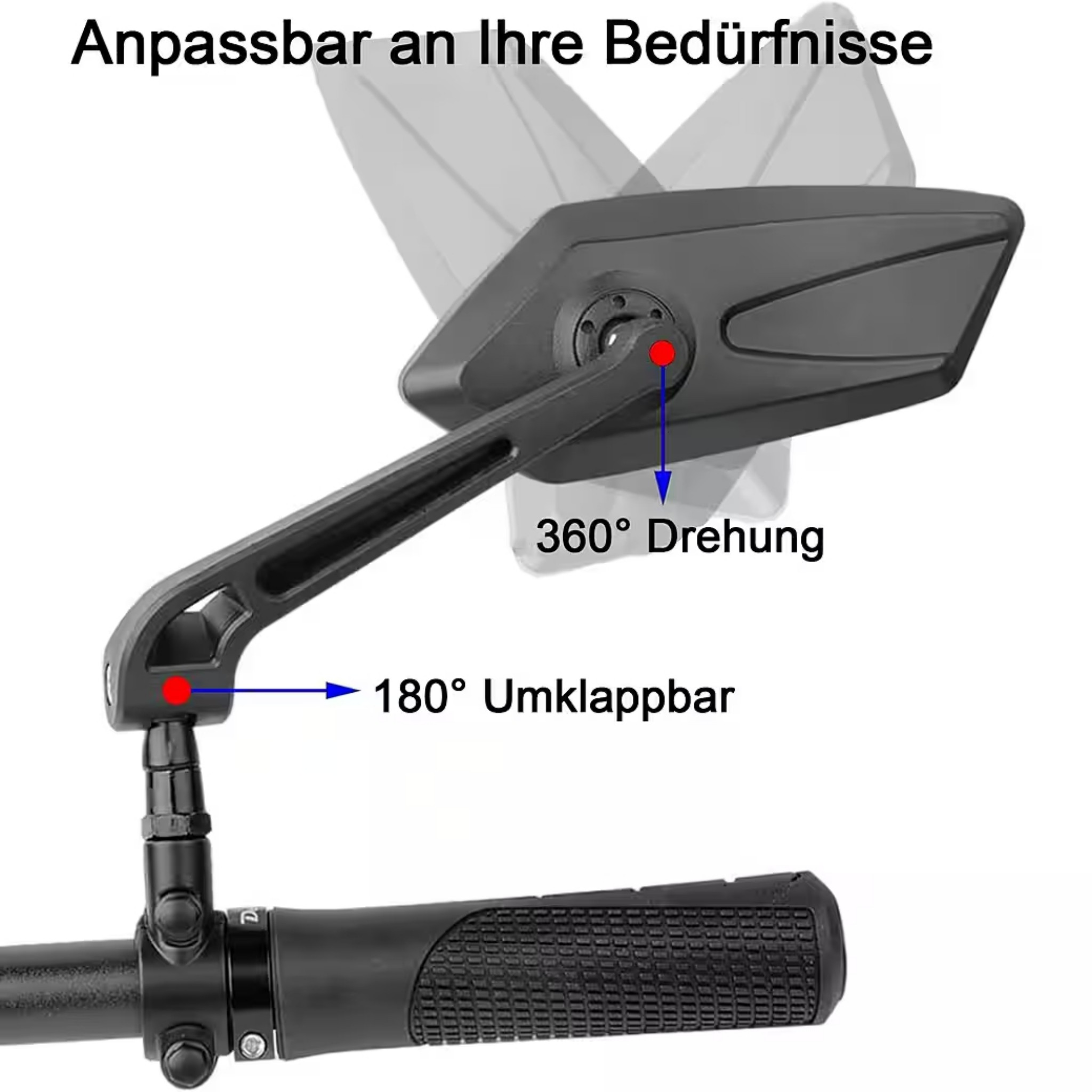 Verstellbarer Fahrradspiegel mit 360° Drehung und 180° Klappfunktion.