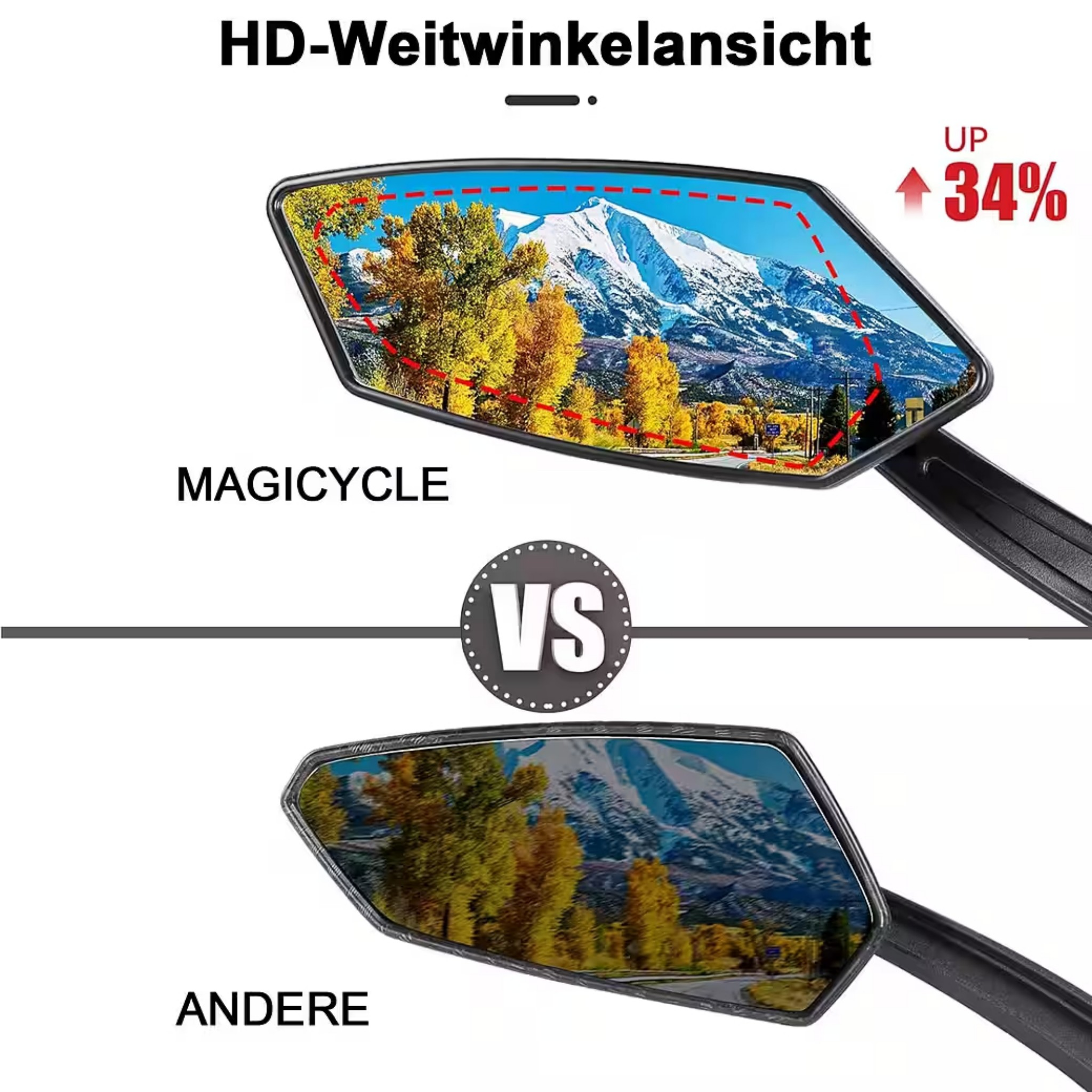 Vergleich von zwei Motorradspiegeln mit Berglandschaft.