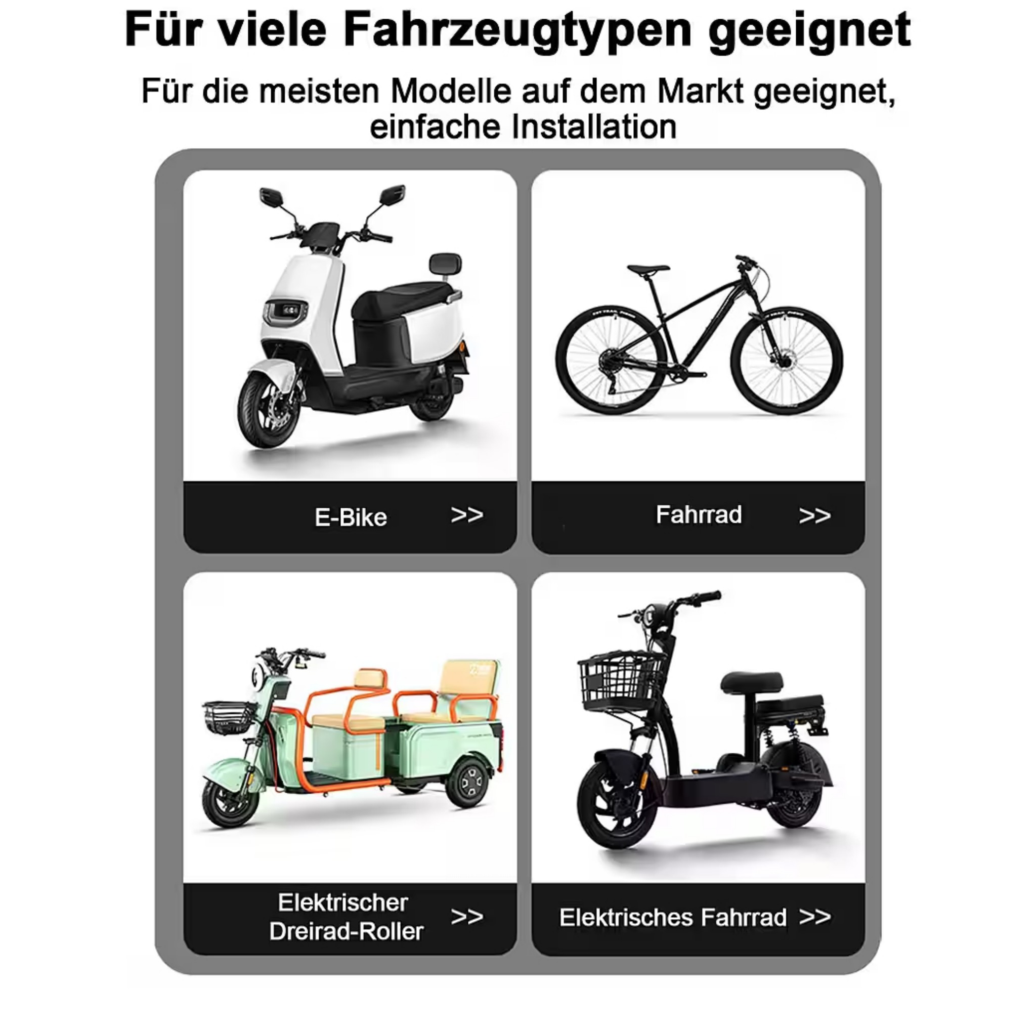 Abbildung von E-Bike, Fahrrad, Dreirad-Roller und elektrischem Fahrrad.