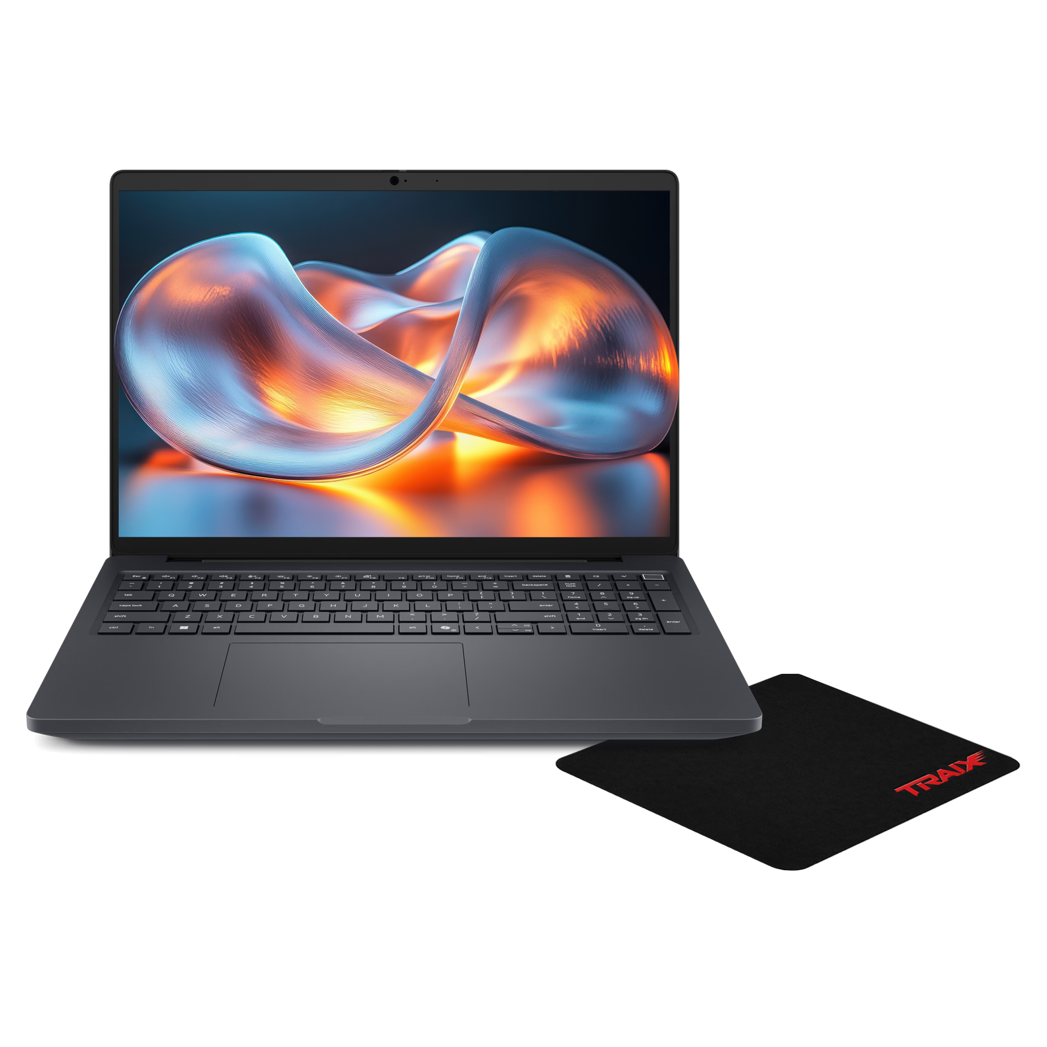 Renkli soyut duvar kağıdı olan koyu gri bir dizüstü bilgisayar açık. Yanında kırmızı logolu siyah bir mousepad var.