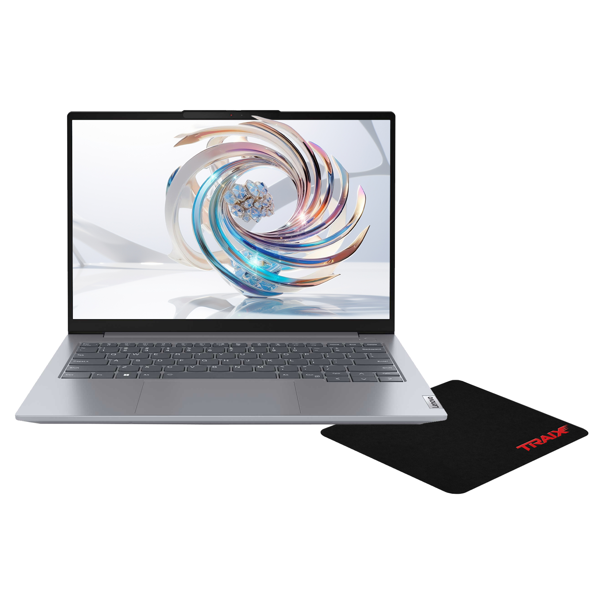 Kırmızı logolu siyah mousepad yanında gümüş rengi dizüstü bilgisayar.