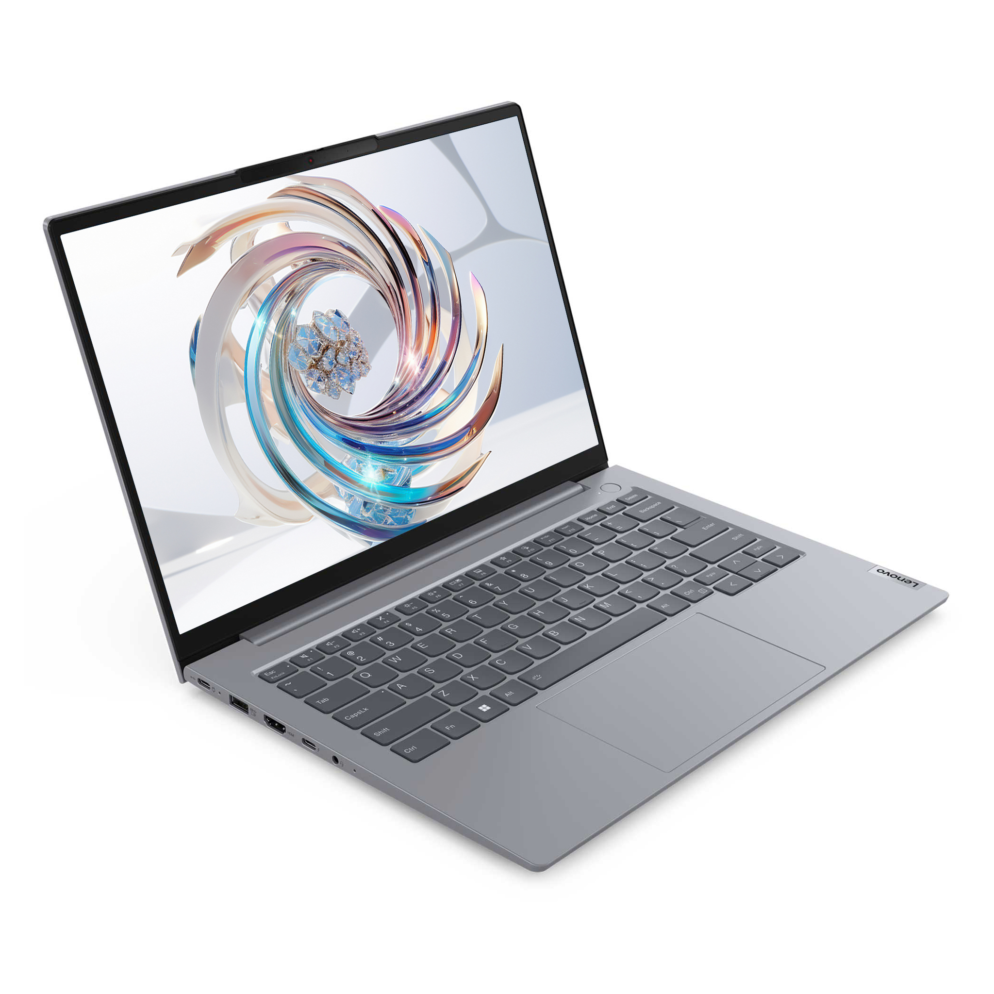 Gümüş renkli bir Lenovo dizüstü bilgisayar açık ve renkli soyut bir arka plan gösteriyor.