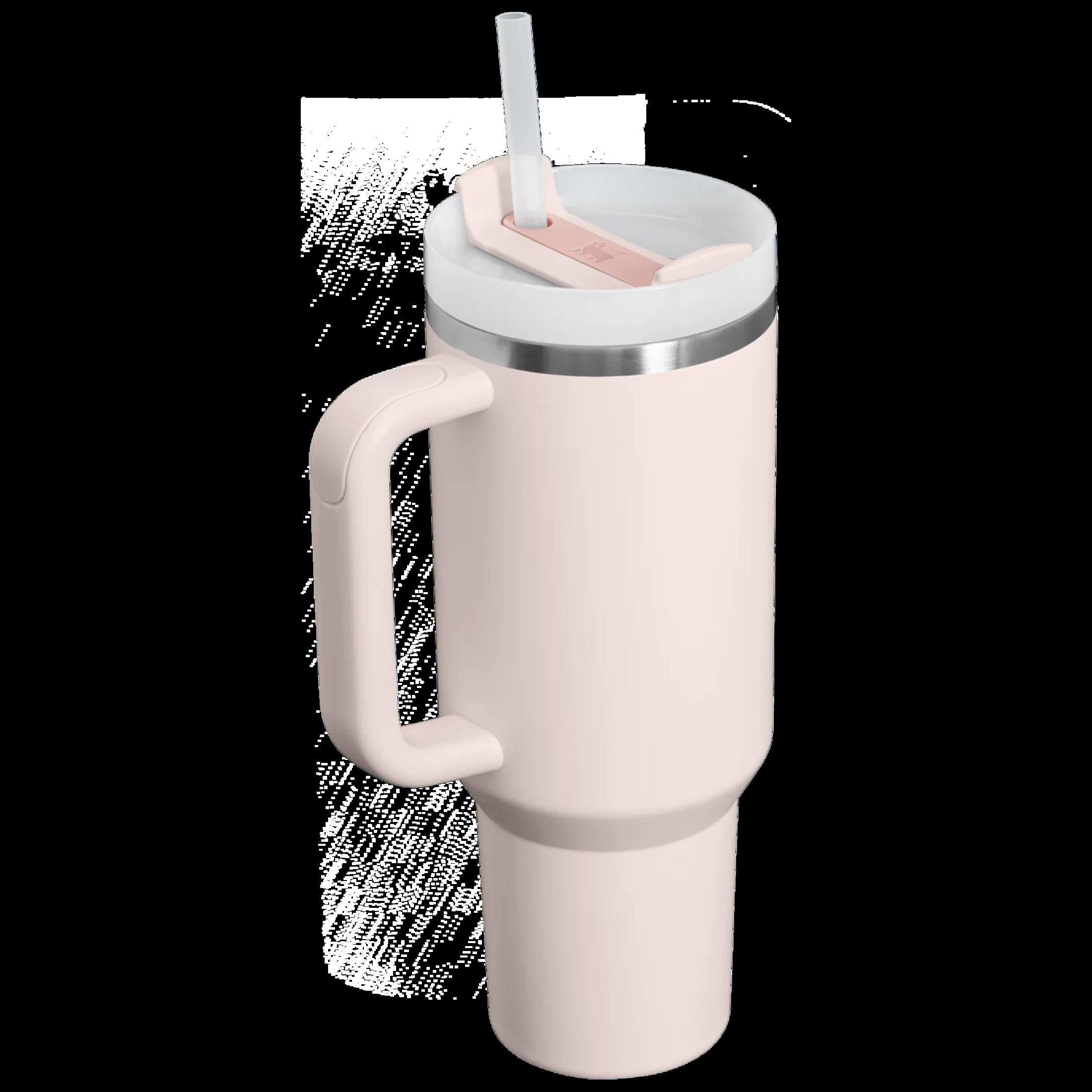 Saplı ve beyaz kapaklı, pipetli soluk pembe bardak.