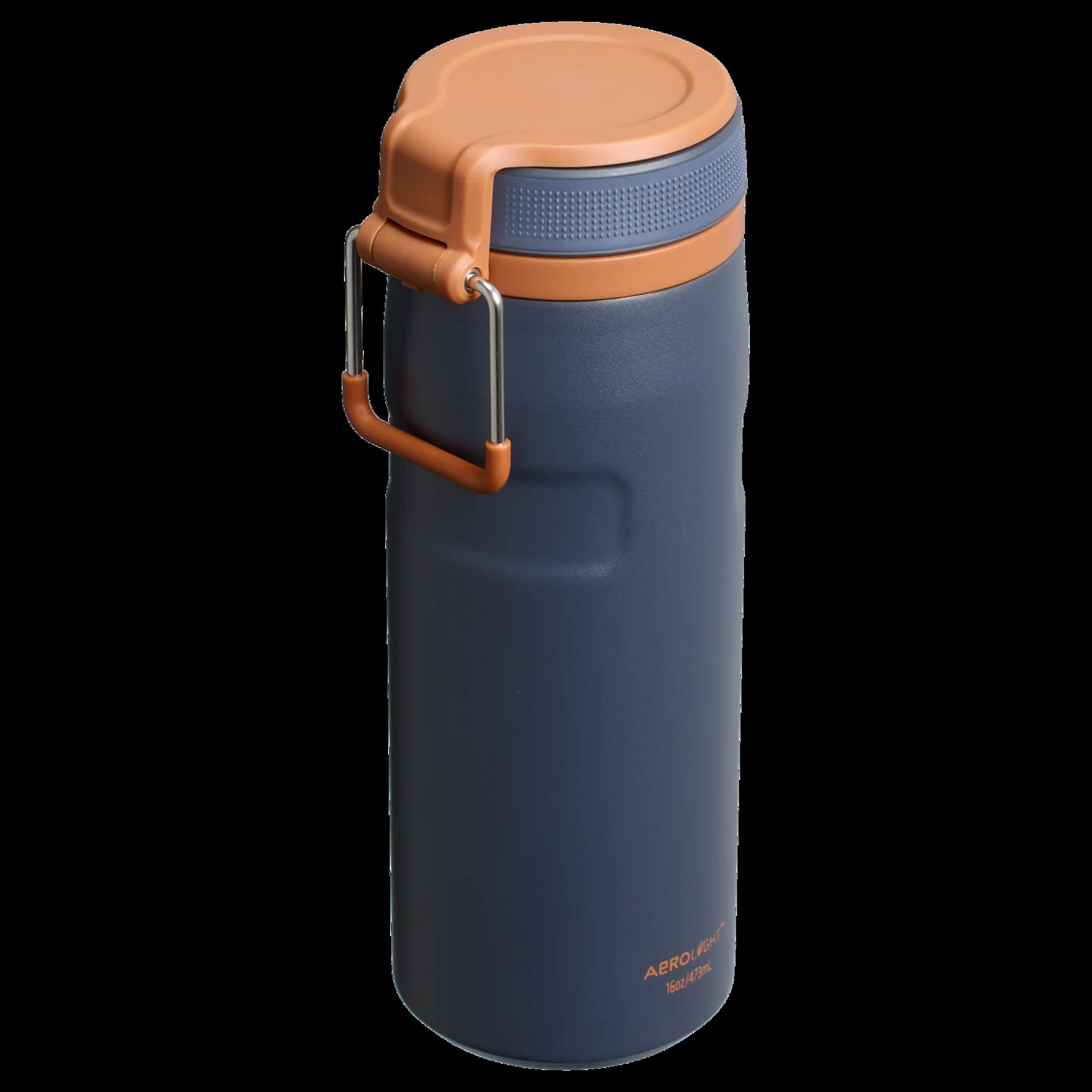 Turuncu kapaklı ve kulplu lacivert termos. 16oz/473ml.