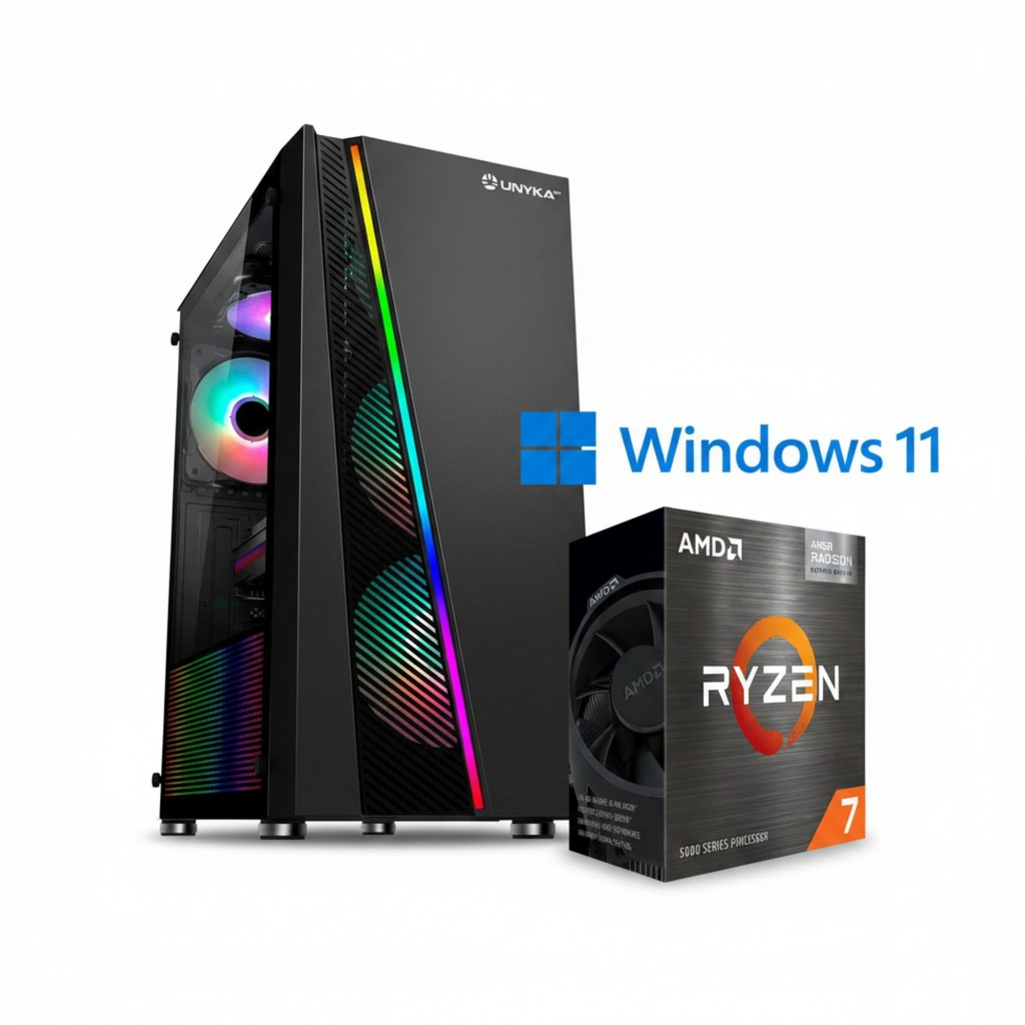 Un PC da gaming nero con illuminazione RGB e una scatola CPU AMD Ryzen 7.