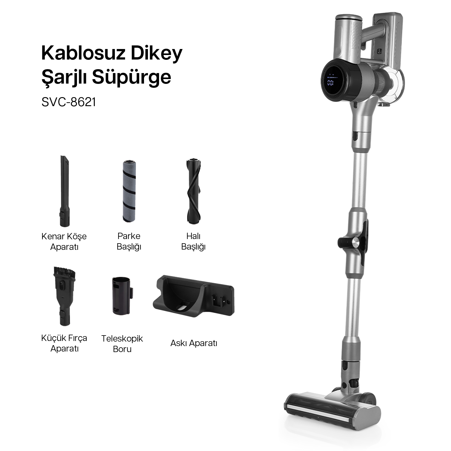 Kablosuz dikey şarjlı süpürge SVC-8621 aksesuarlarıyla.