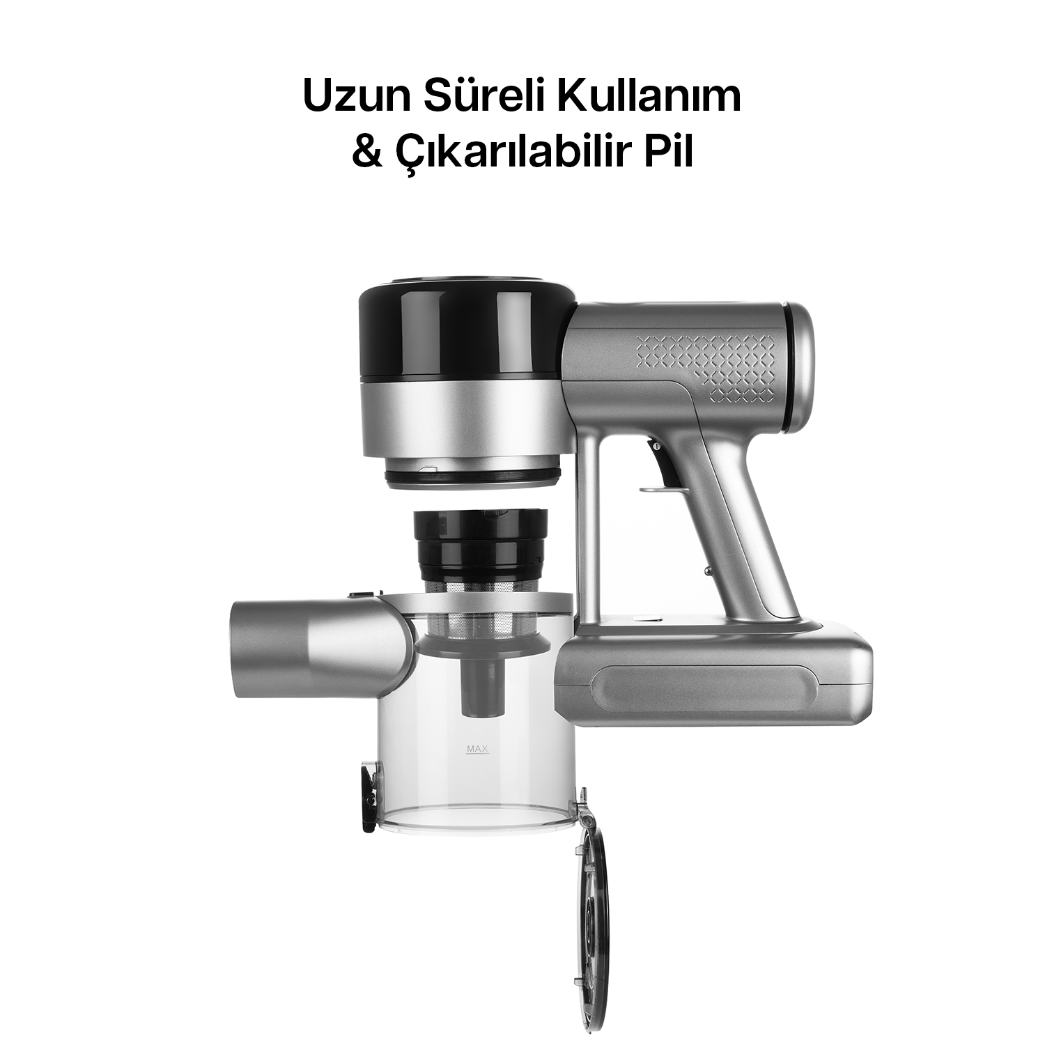 Gümüş ve siyah şarjlı süpürge, şeffaf toz haznesiyle.