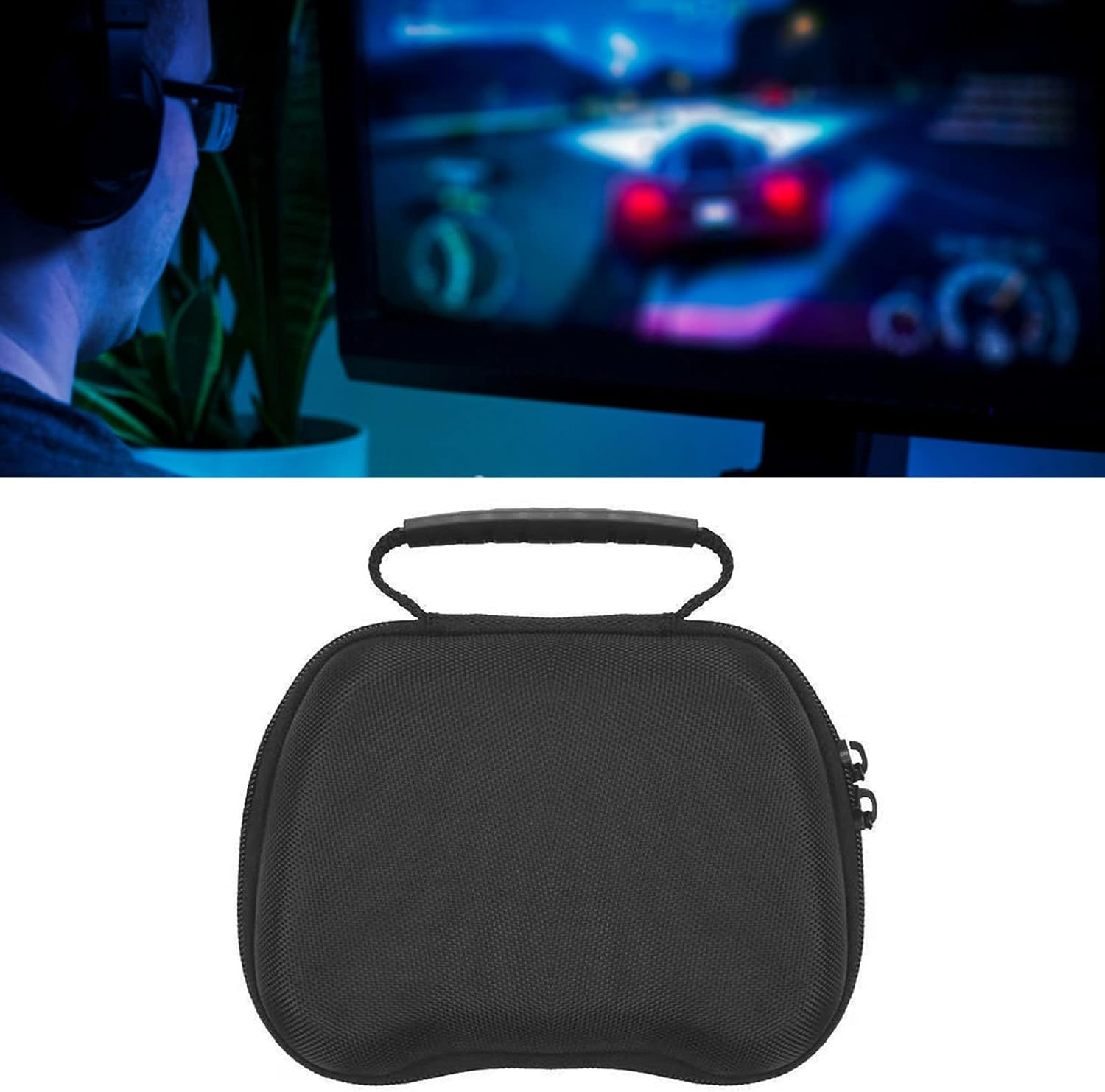 Schwarze Controller-Tasche mit Griff und Reißverschluss, vor einem unscharfen Gaming-Bildschirm.