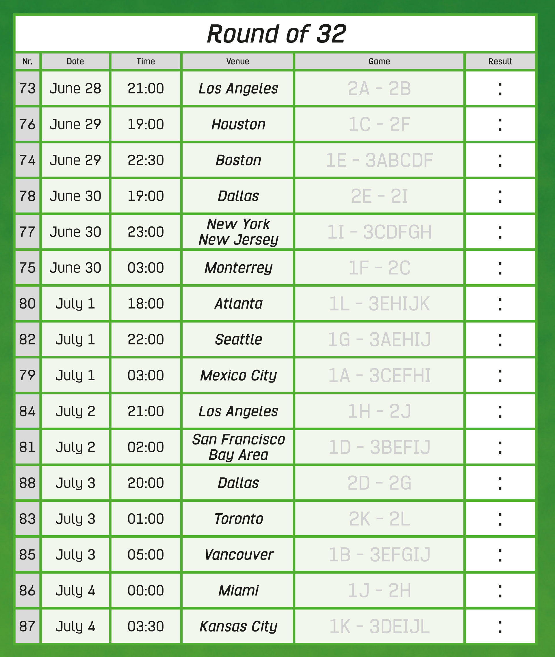 Tabelle "Runde der letzten 32" mit Spielen, Orten und Ergebnissen vom 28. Juni bis 4. Juli.