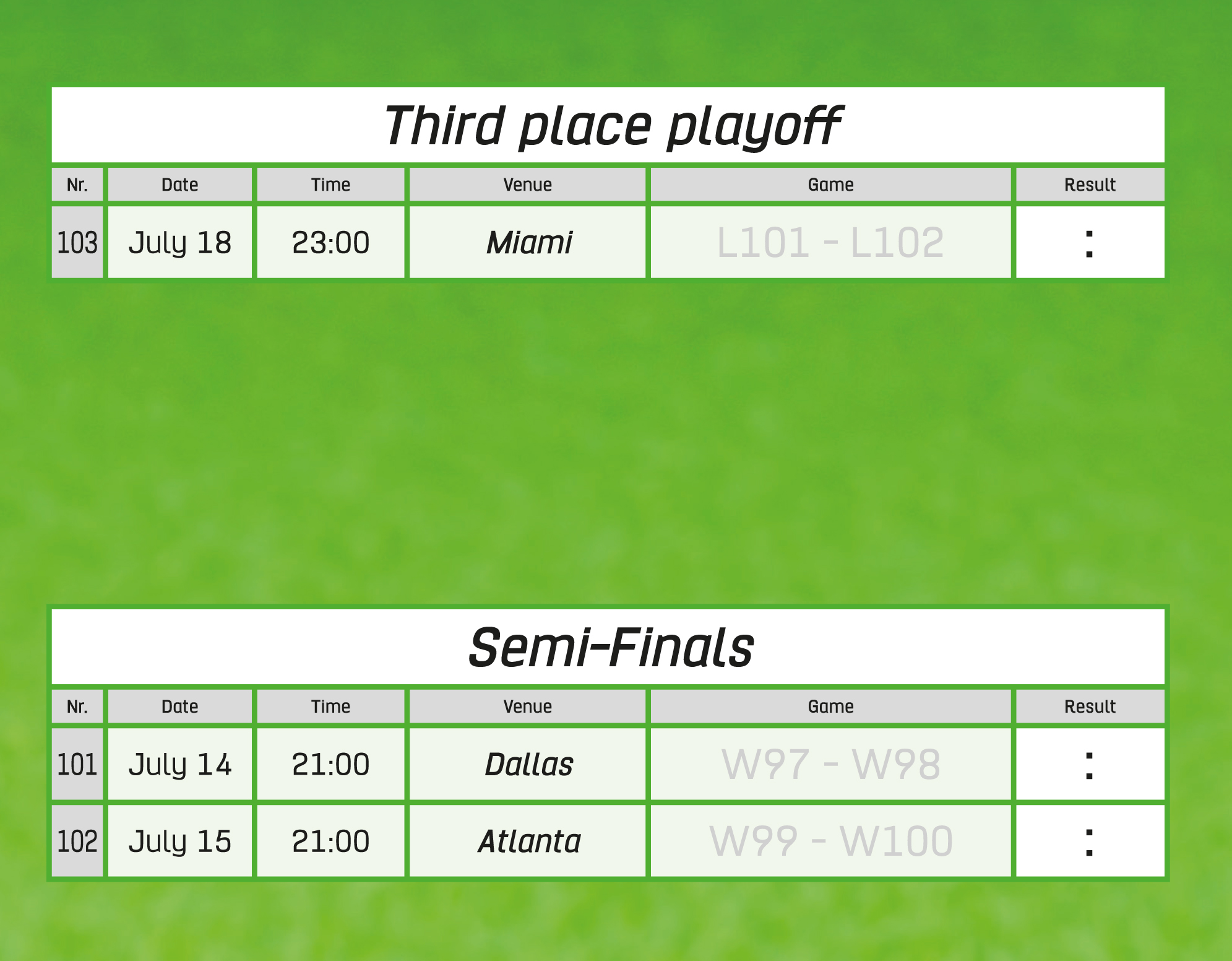 Spielpläne für das Spiel um Platz 3 und die Halbfinals mit Datum, Uhrzeit, Ort und Spielnummer.