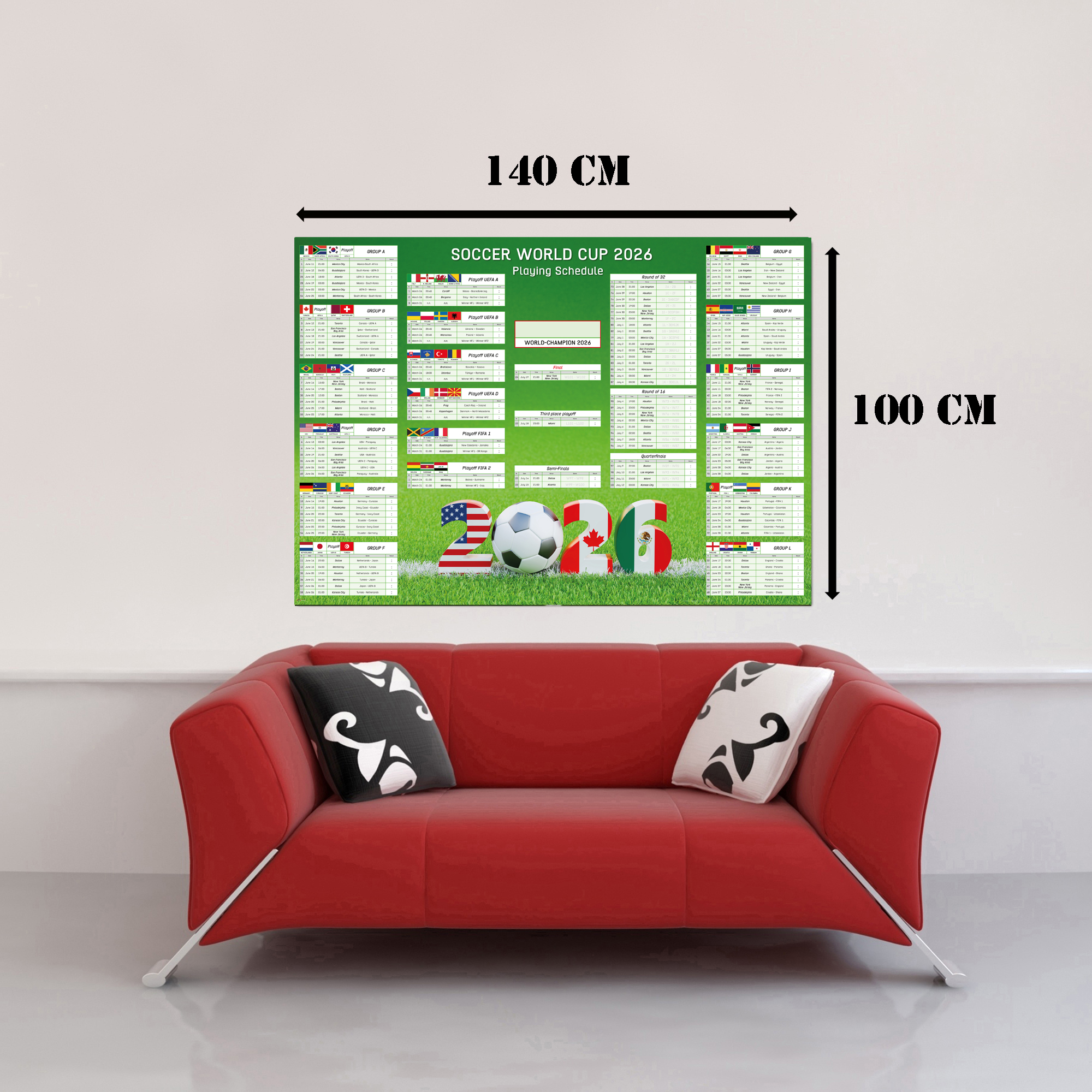 WM 2026 Spielplan mit Flaggen, Ball, 2026 und einem roten Sofa.