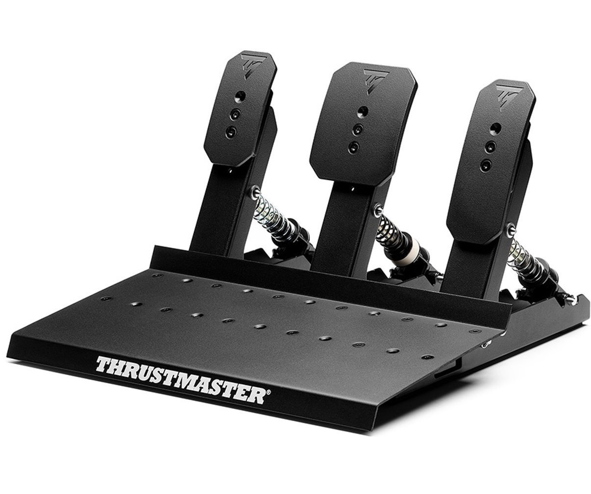 Black Thrustmaster pedal set with three pedals and springs on a white background.