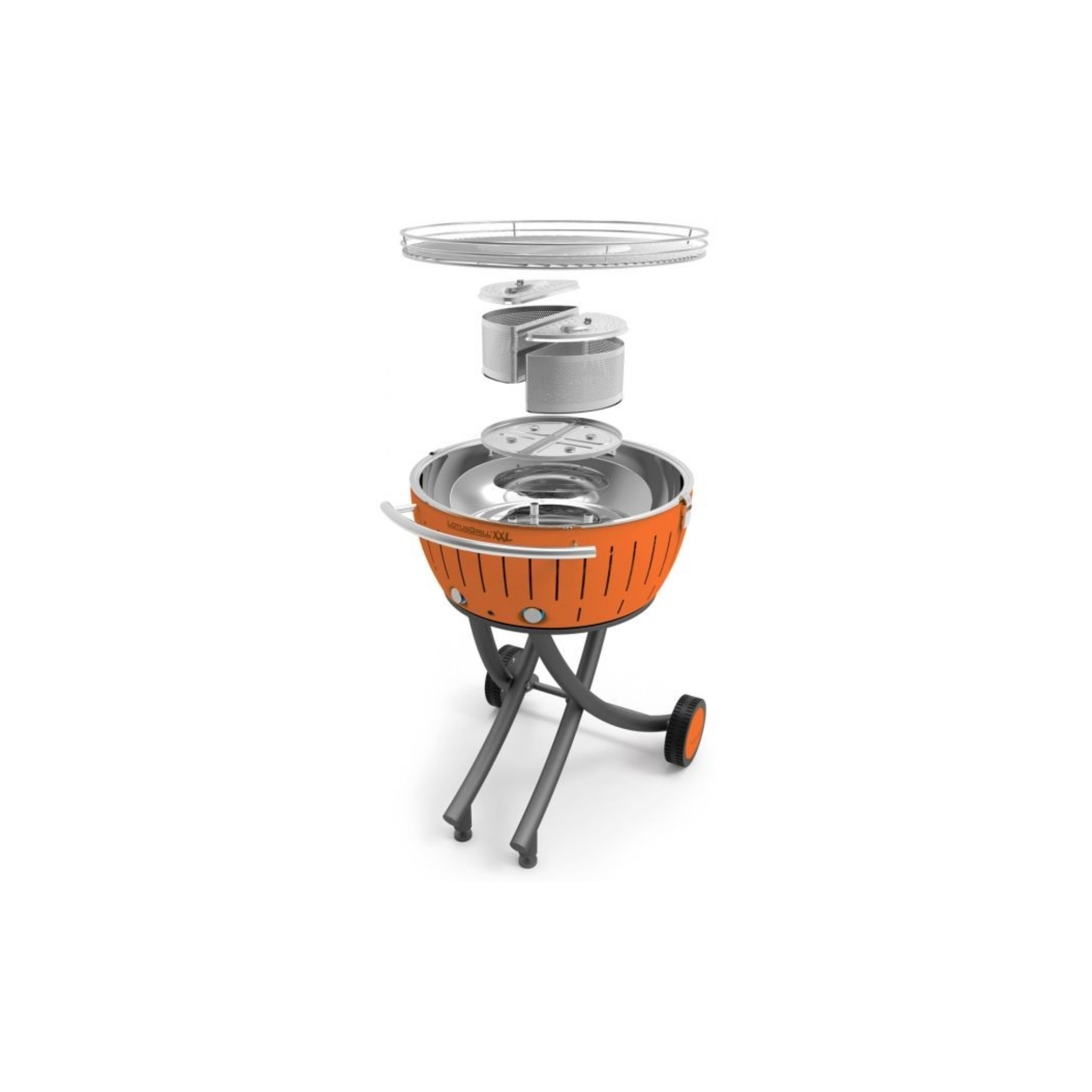 Ein orangefarbener Grill mit zerlegten Teilen, auf einem Untergestell mit Rädern.