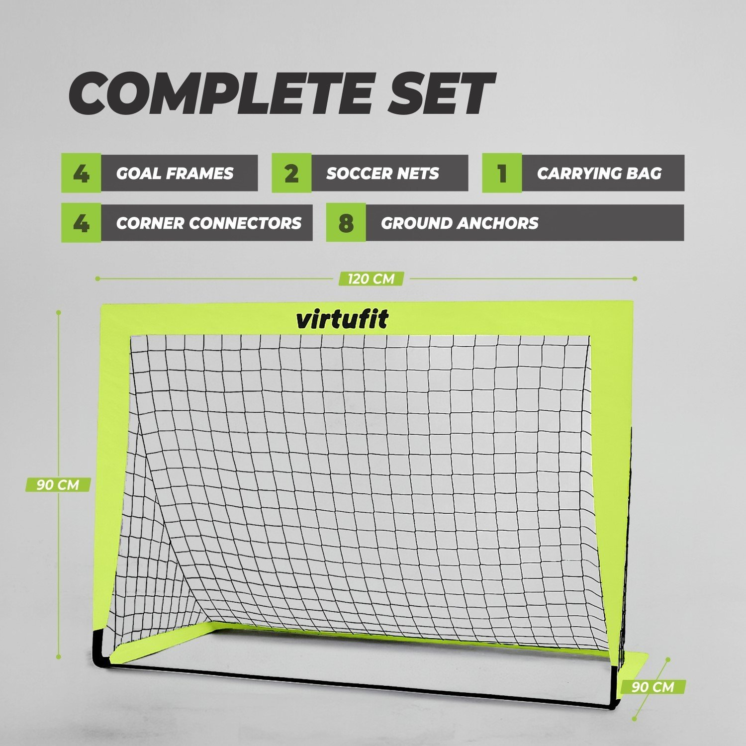 Virtufit Fußballtor-Set: 4 Rahmen, 2 Netze, 1 Tasche, 4 Ecken, 8 Anker. 120x90cm.
