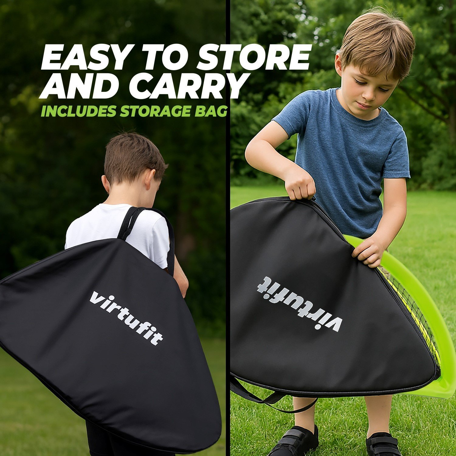 Zwei Jungen tragen eine schwarze VirtuFit-Tasche auf einer grünen Wiese.