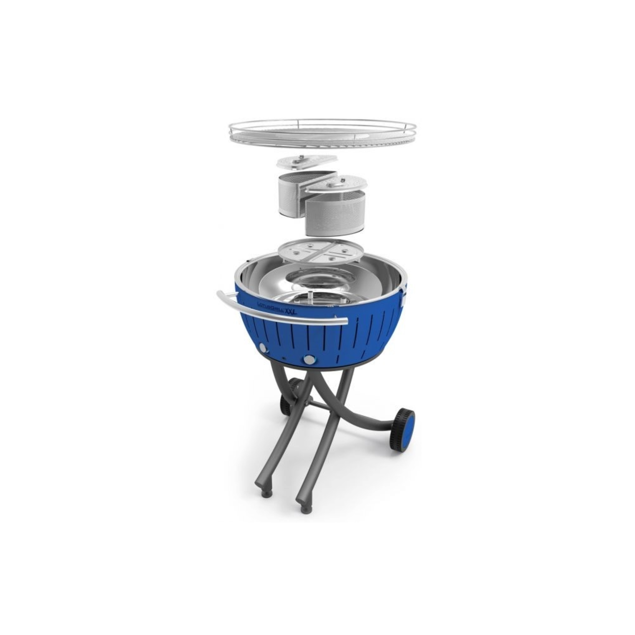 Blauer Grill mit zerlegbaren Teilen, auf grauem Gestell mit Rädern.