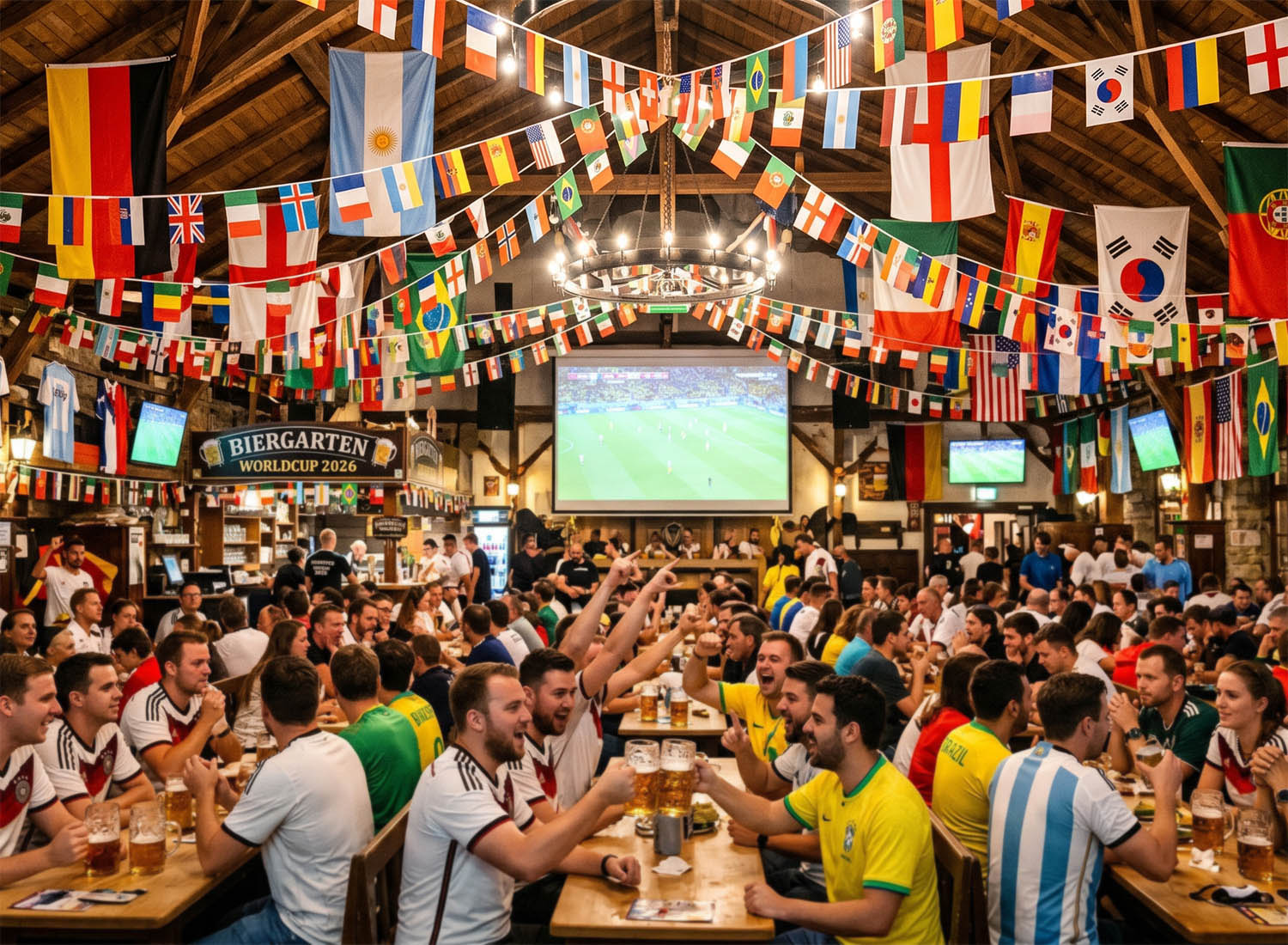 Ein Biergarten voller Menschen, die auf eine Leinwand schauen, mit Flaggen aller Länder.
