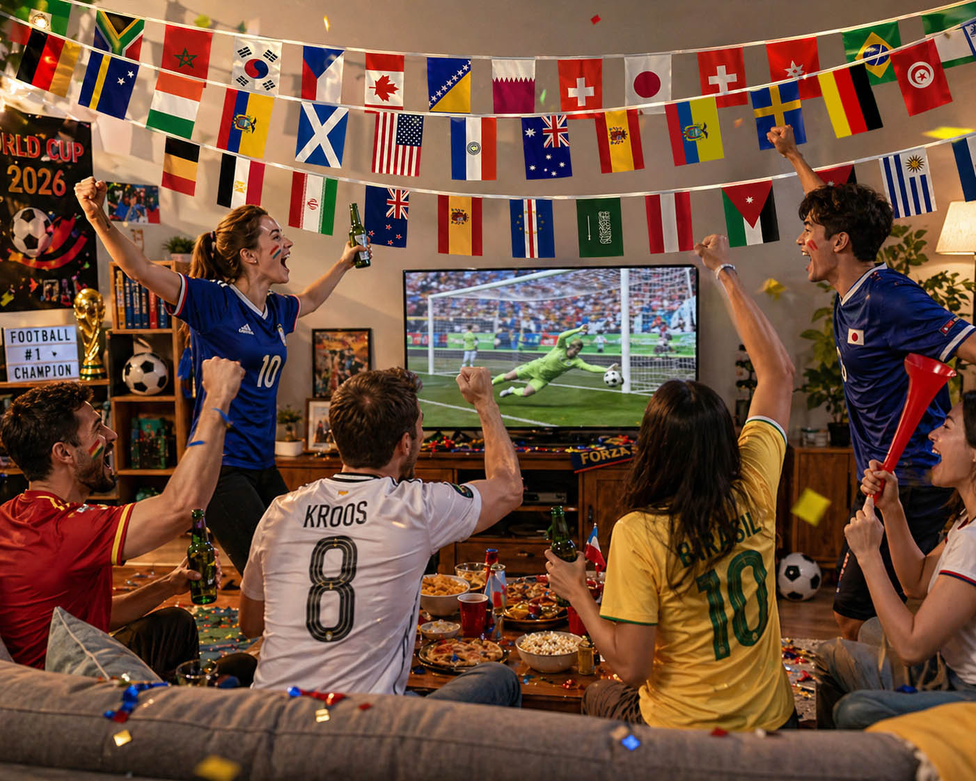 Fans jubeln vor einem Fernseher mitFußballspiel, Flaggen hängen über ihnen.