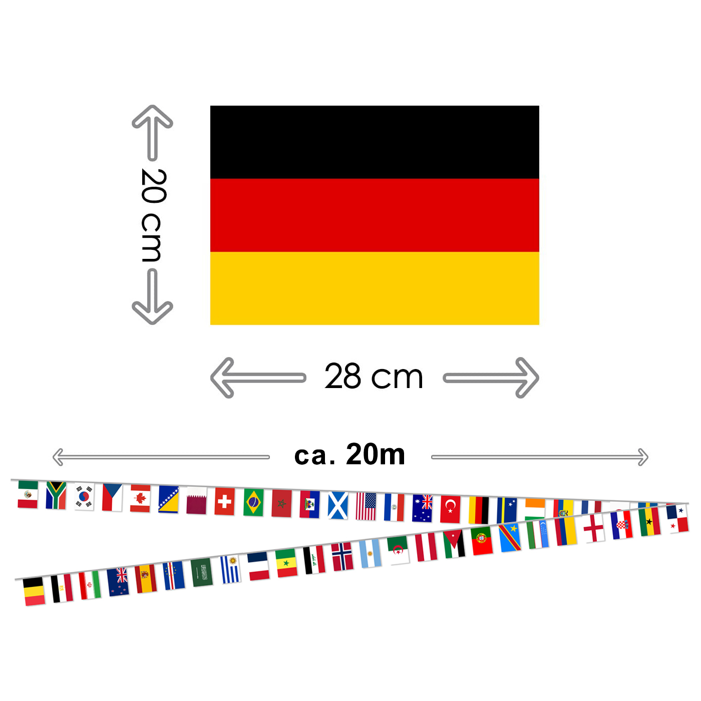 Deutsche Flagge und eine Girlande mit Länderflaggen, Maße angegeben.