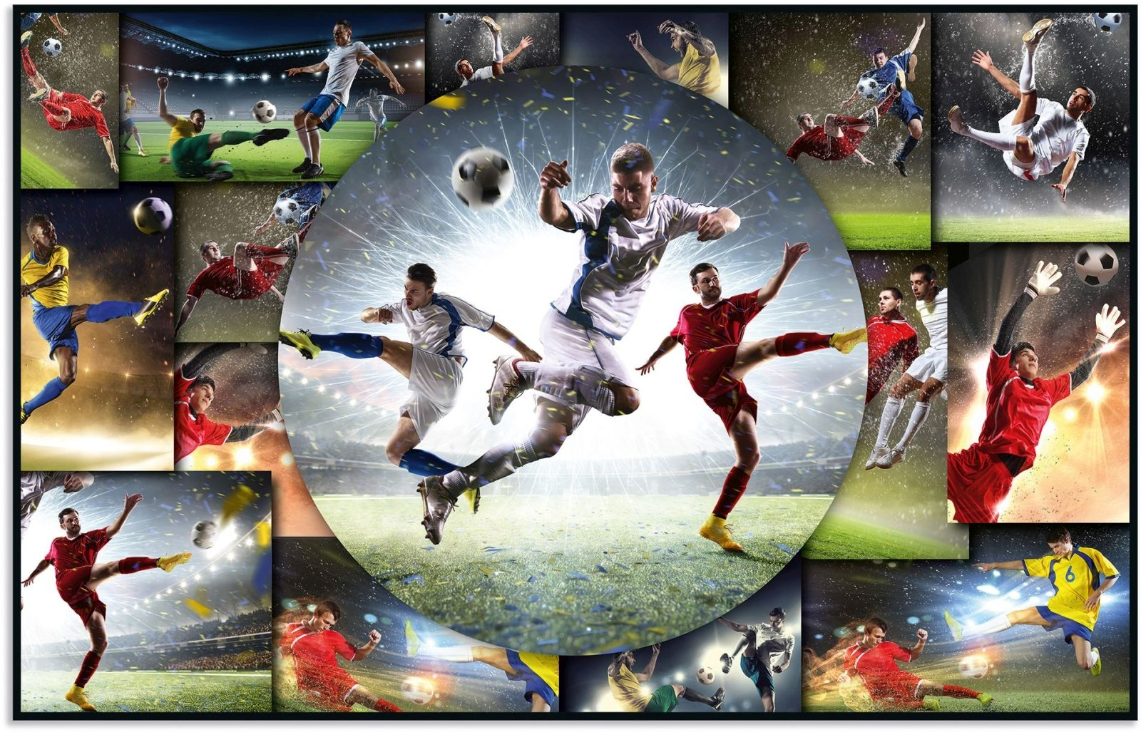 Fußballcollage mit Spielern in Aktion, Toren und Konfetti.