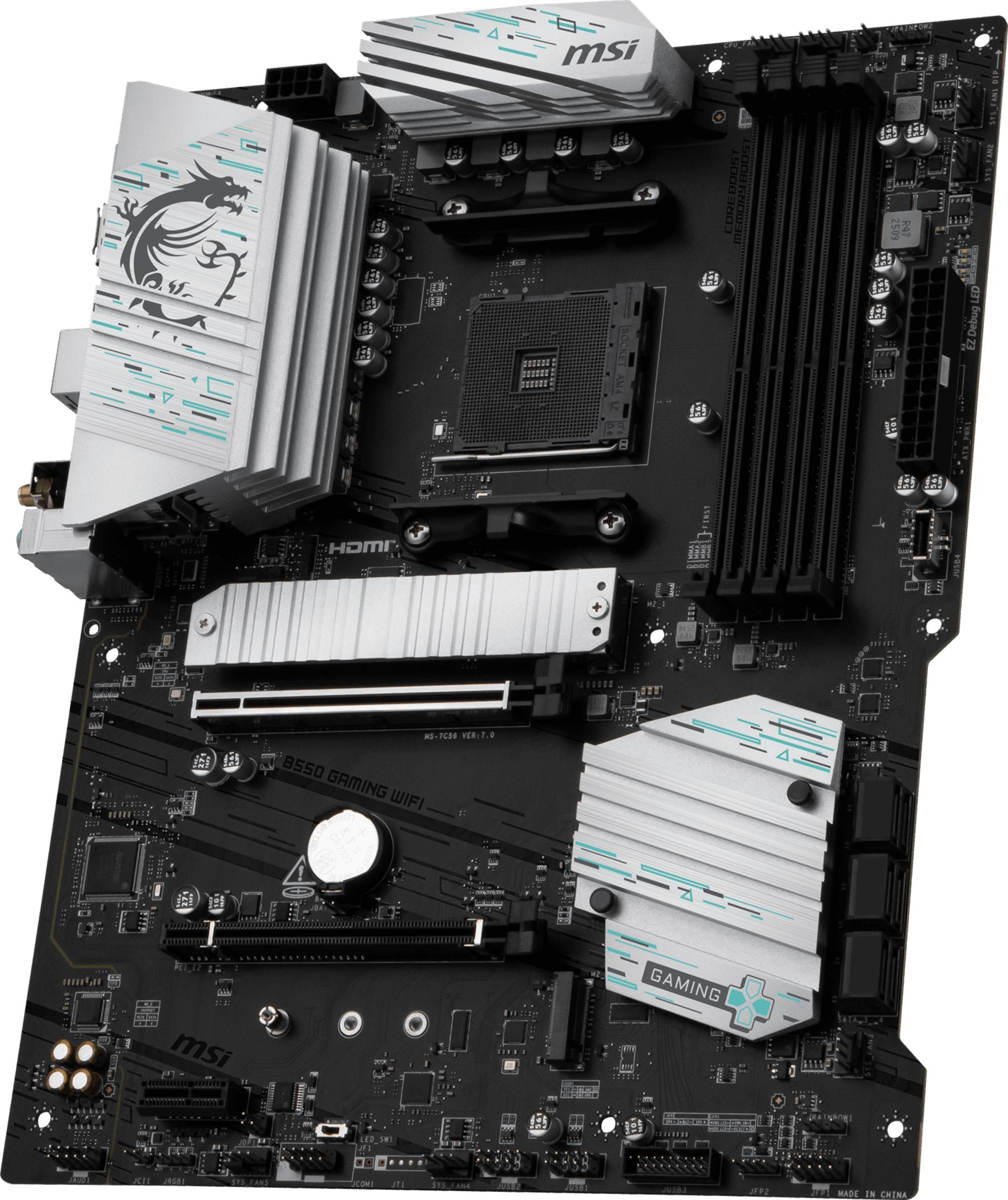 Gümüş soğutucular ve ejderha logosuna sahip siyah bir MSI B550 Gaming Wifi anakart.