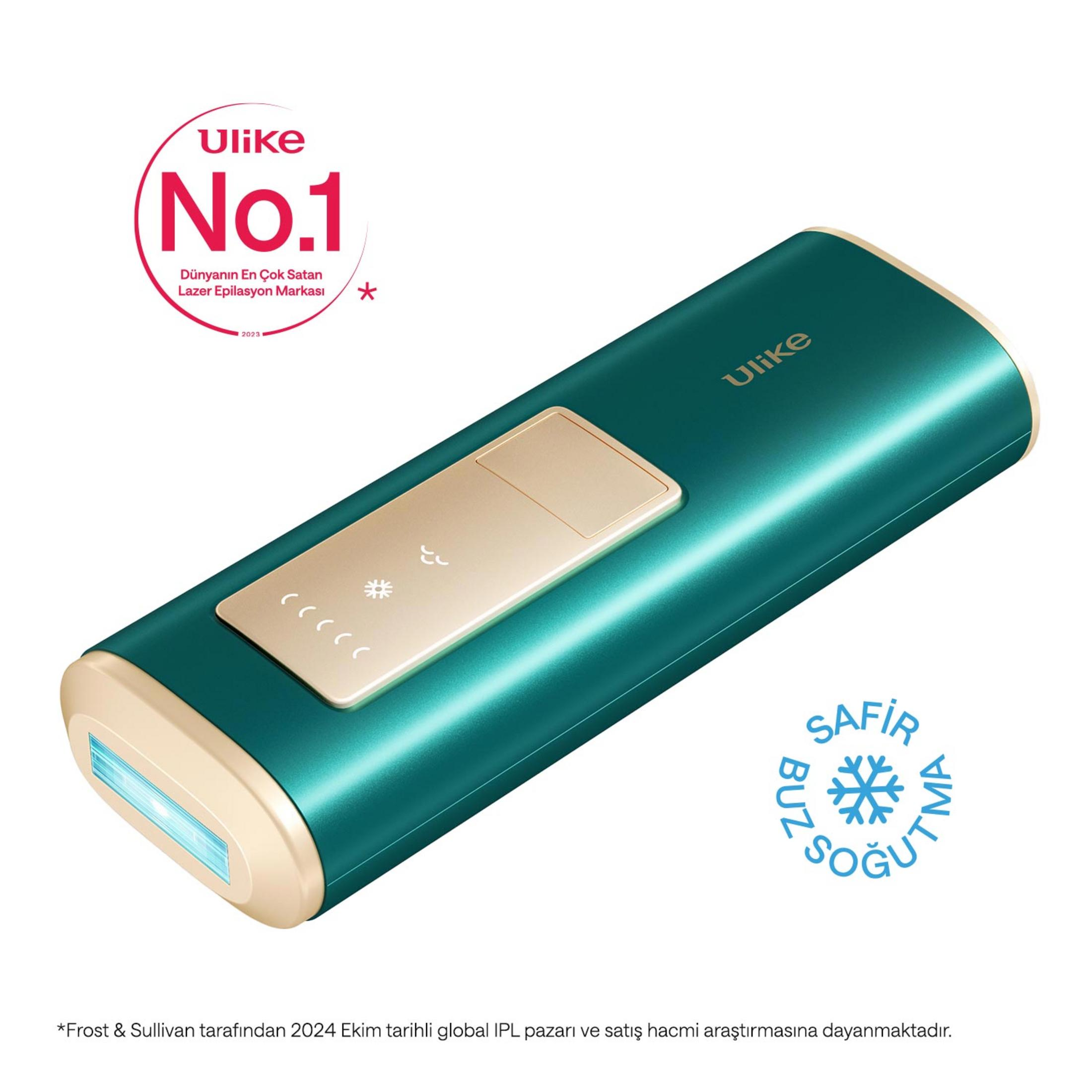 Un épilateur IPL turquoise avec des accents dorés, arborant le logo "Ulike No.1".