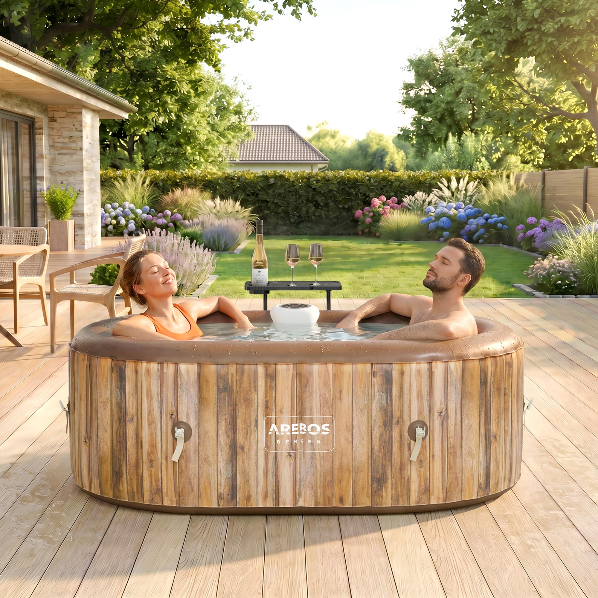 Mann und Frau entspannen in einem aufblasbaren Whirlpool auf einer Holzterrasse.