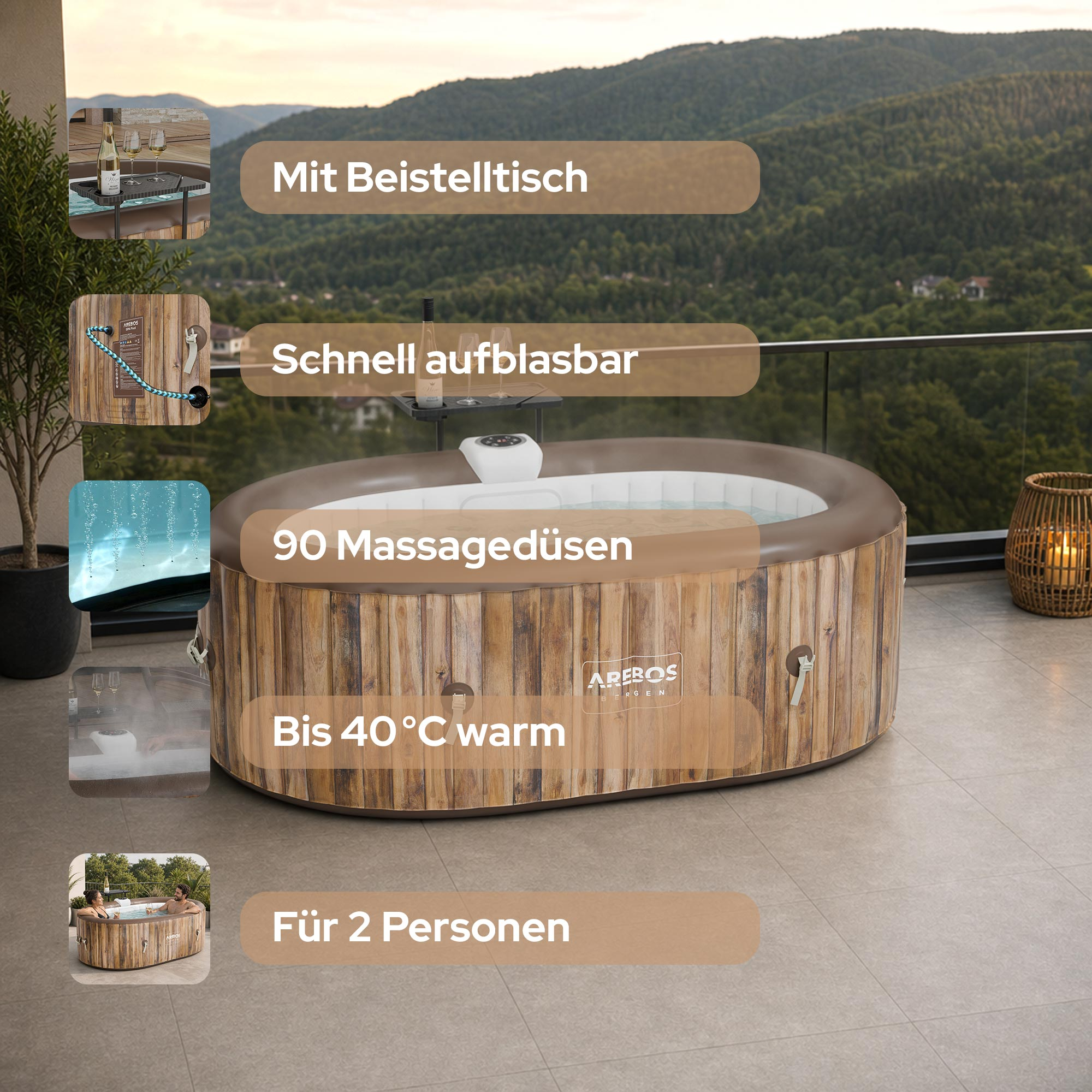 Aufblasbarer Whirlpool mit Beistelltisch, 90 Düsen, bis 40°C warm, für 2 Personen.