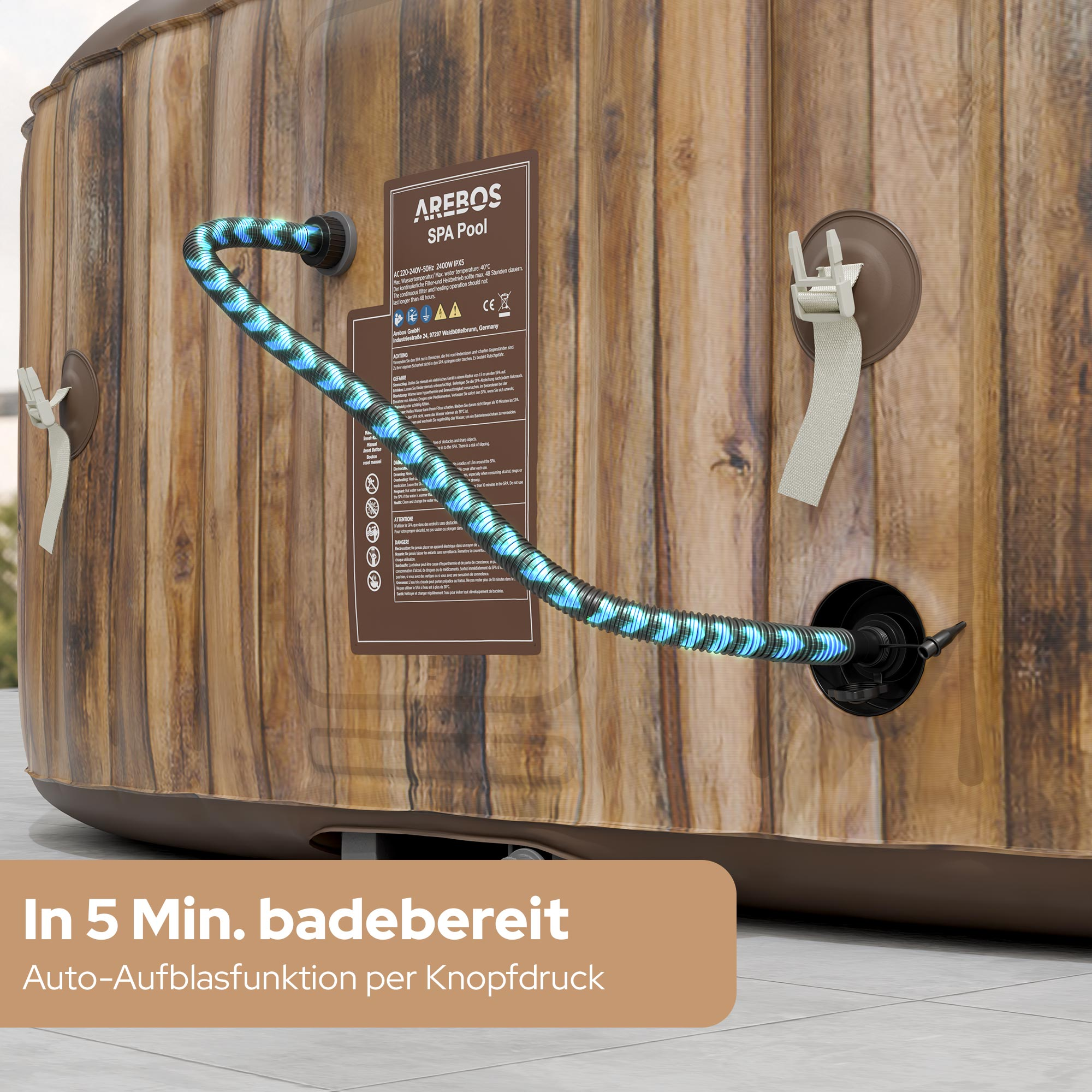 Brauner Spa Pool mit aufgewickeltem Schlauch und Warnhinweisen.