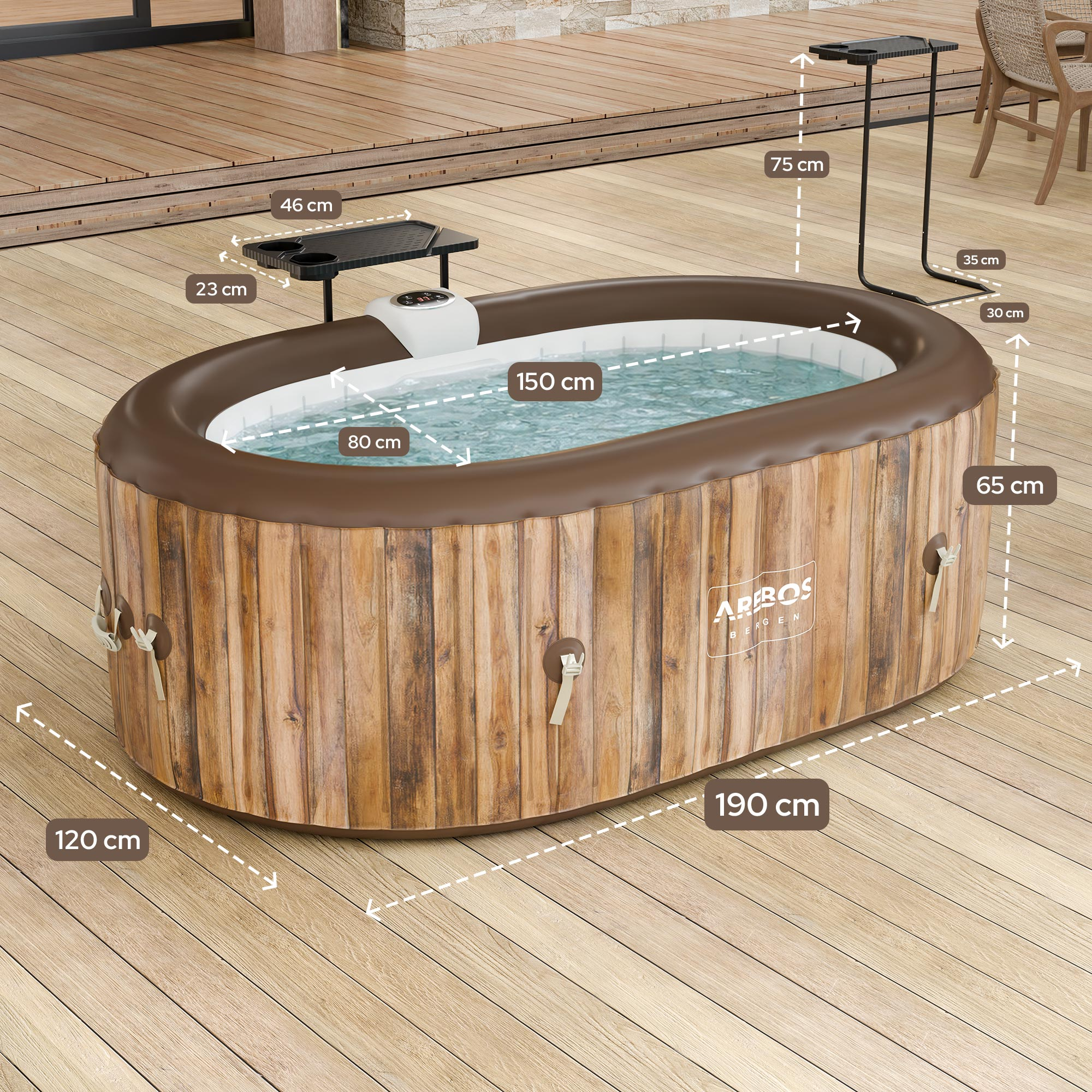 Aufblasbarer Whirlpool mit Holzoptik, Maße 190x120x65cm, mit Beistelltischen.