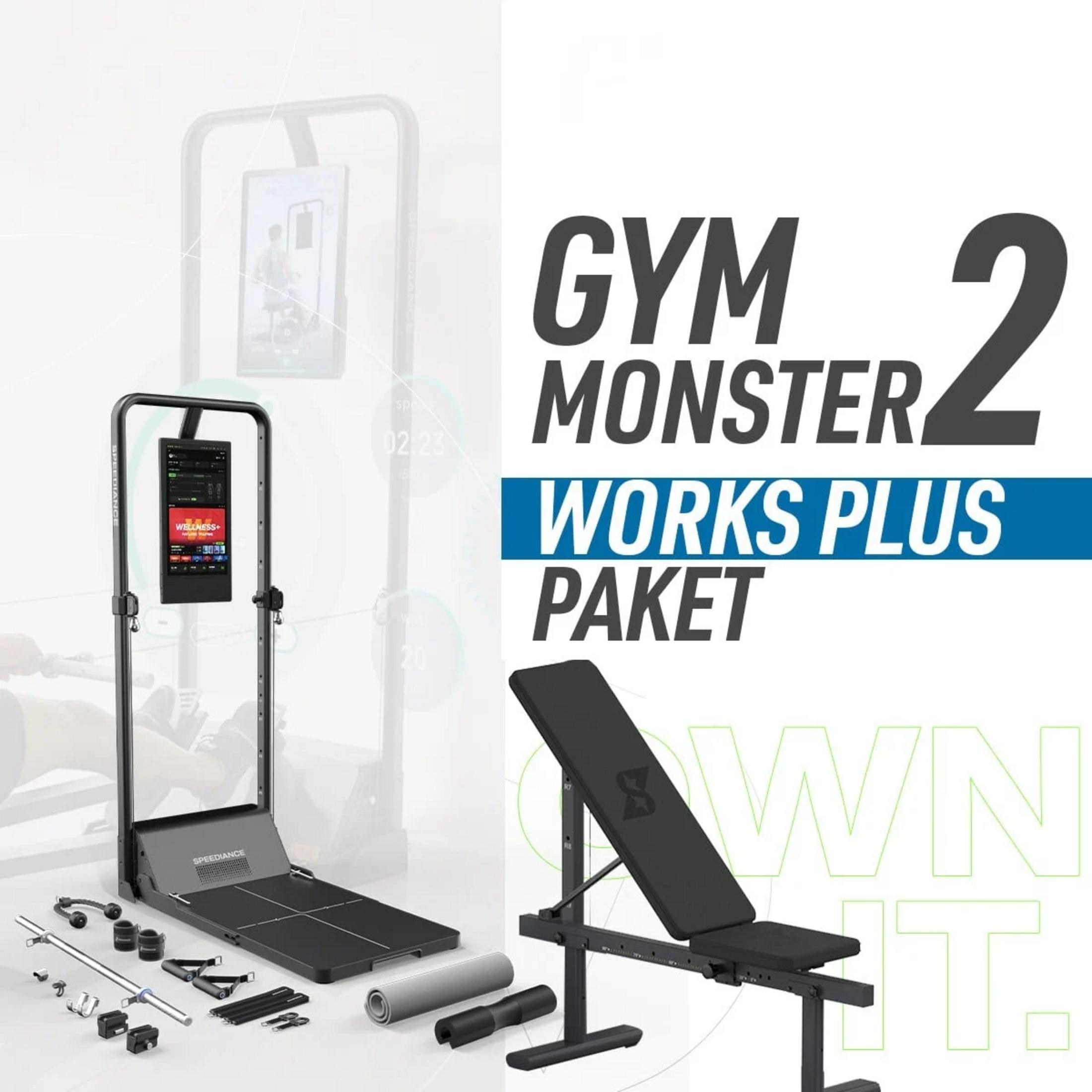 Urządzenie fitness z ekranem, sztangą i ciężarkami.