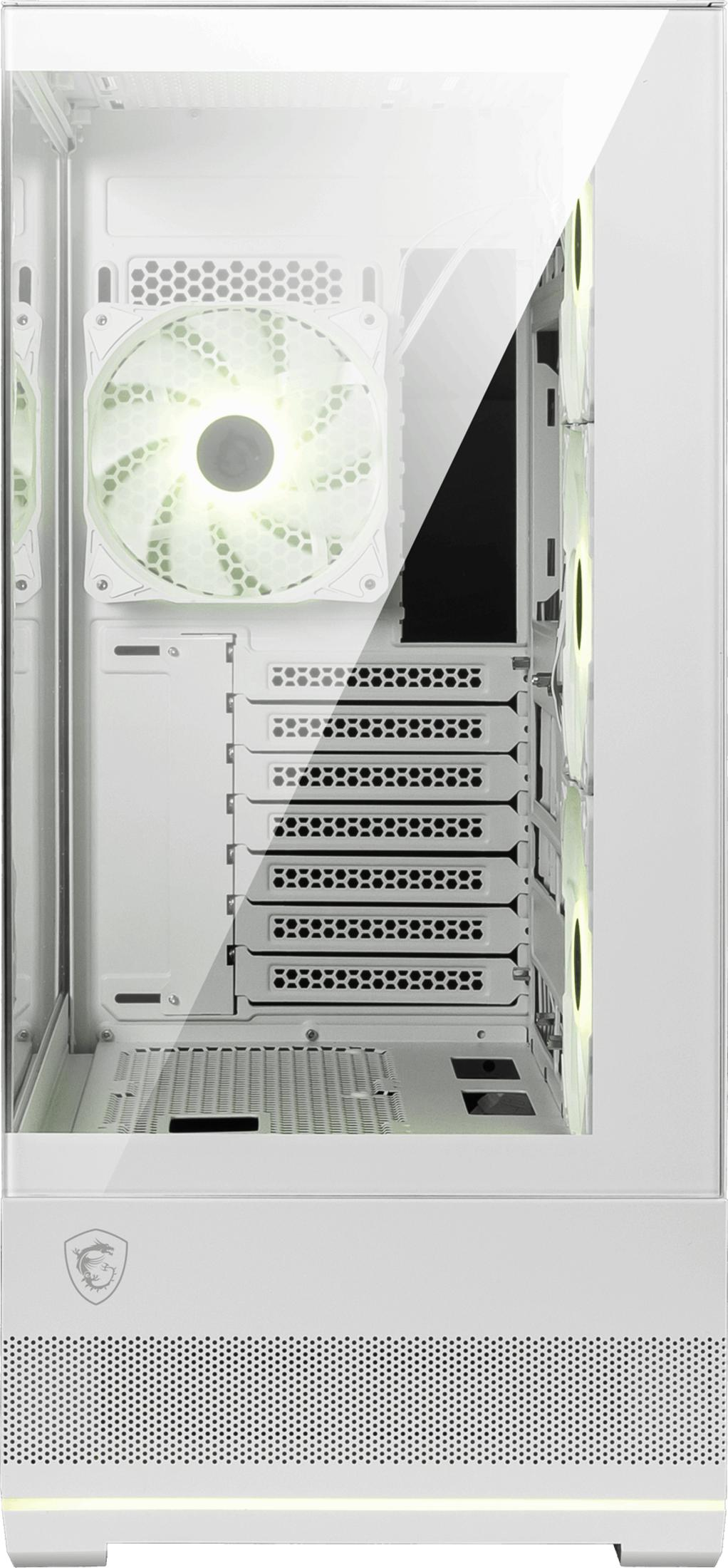 Un case per computer bianco con frontale in vetro e ventole illuminate.