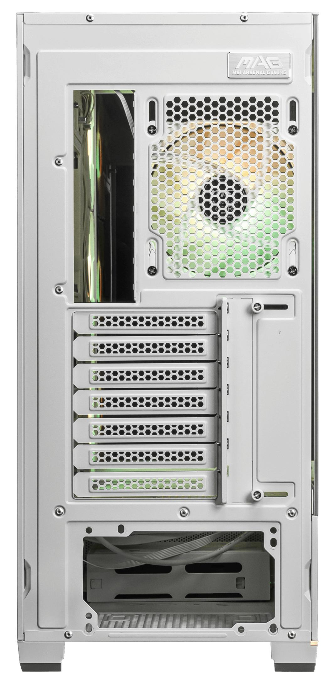 Retro di un case per computer bianco con ventola, alloggiamenti e cavi.
