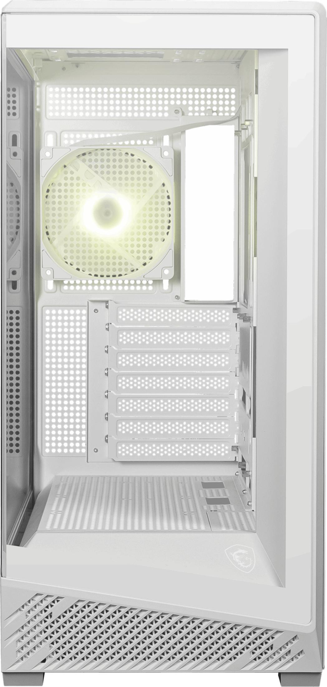Un case per computer bianco con ventola e molte fessure di ventilazione.
