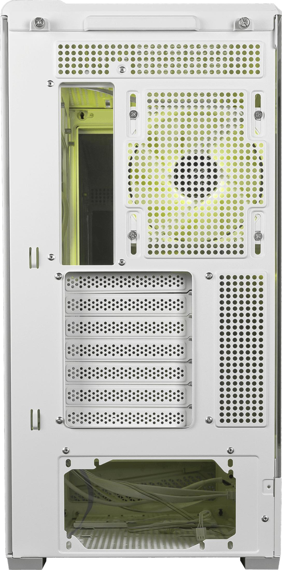 Retro case PC bianco con griglia ventola, slot di espansione e gestione cavi.