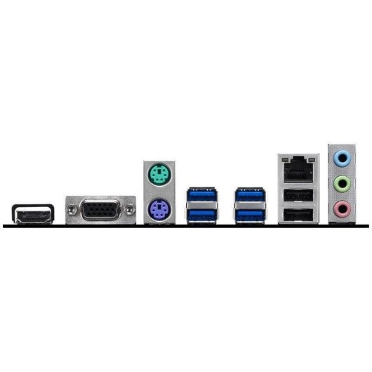 Pannello posteriore di una scheda madre per computer con porte HDMI, VGA, PS/2, USB, Ethernet e audio.
