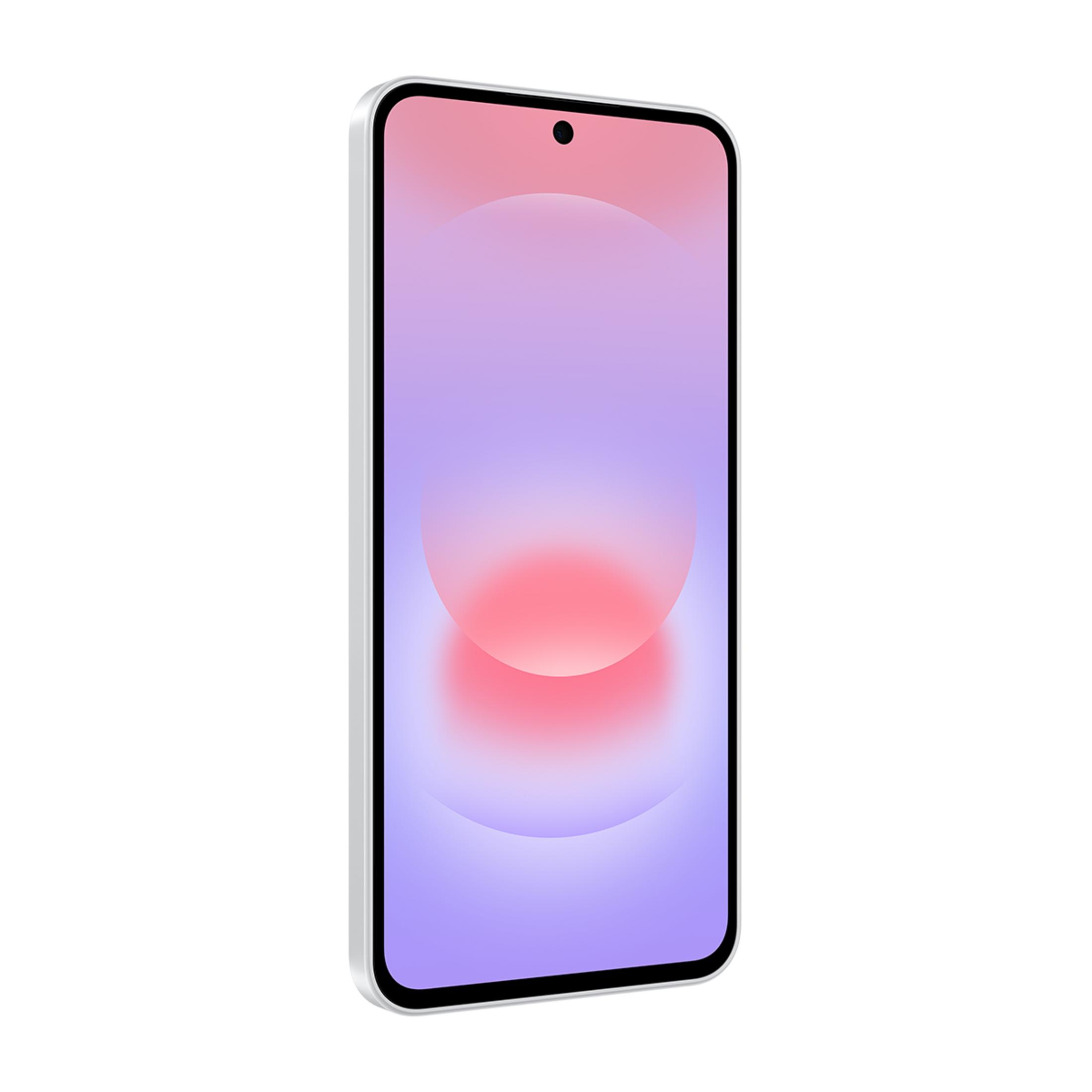 Ekranında pembe ve mor gradyan bulunan gümüş bir akıllı telefon.