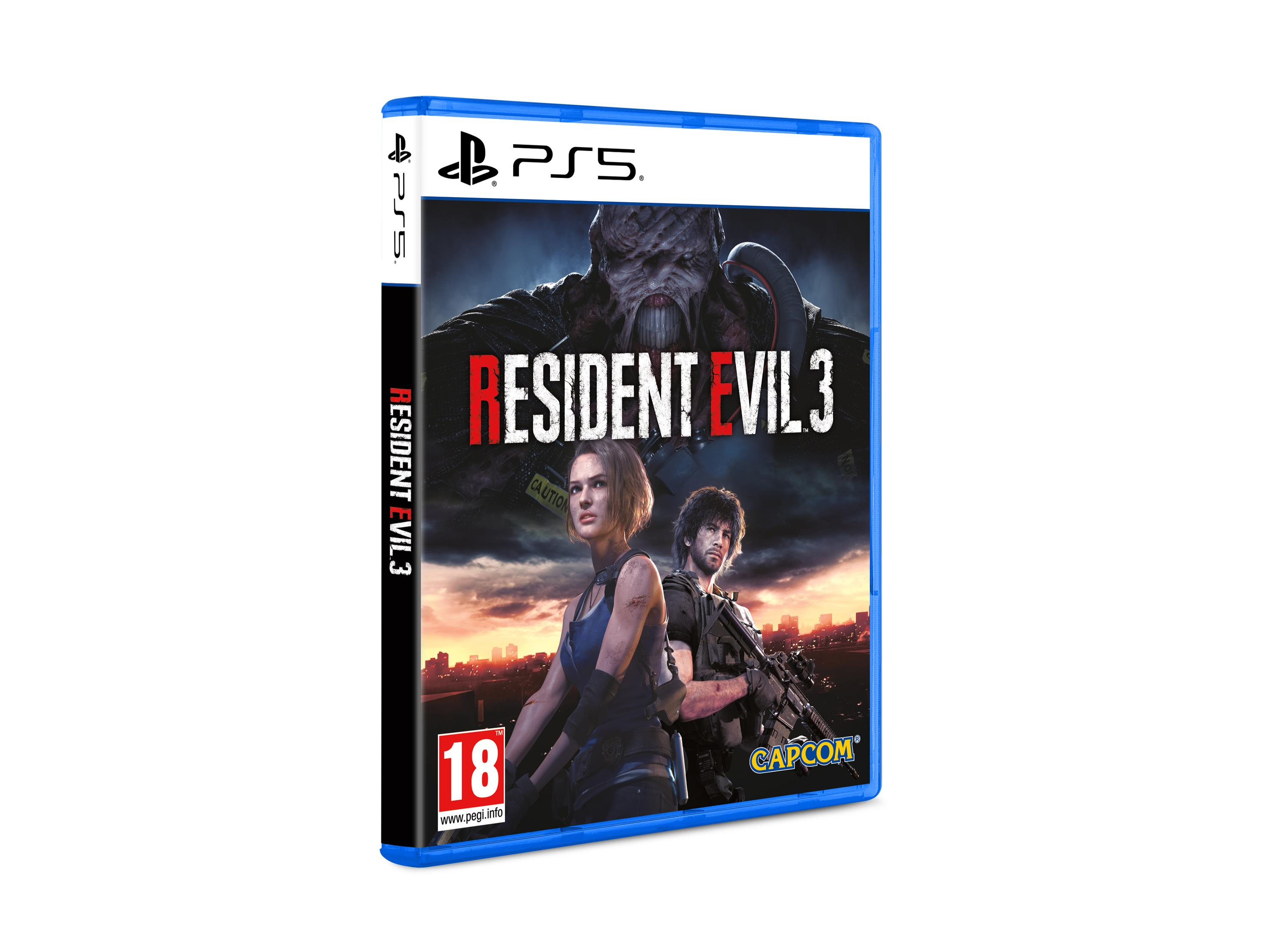 Custodia PlayStation 5 per Resident Evil 3 con Nemesis, Jill e Carlos su sfondo cittadino.