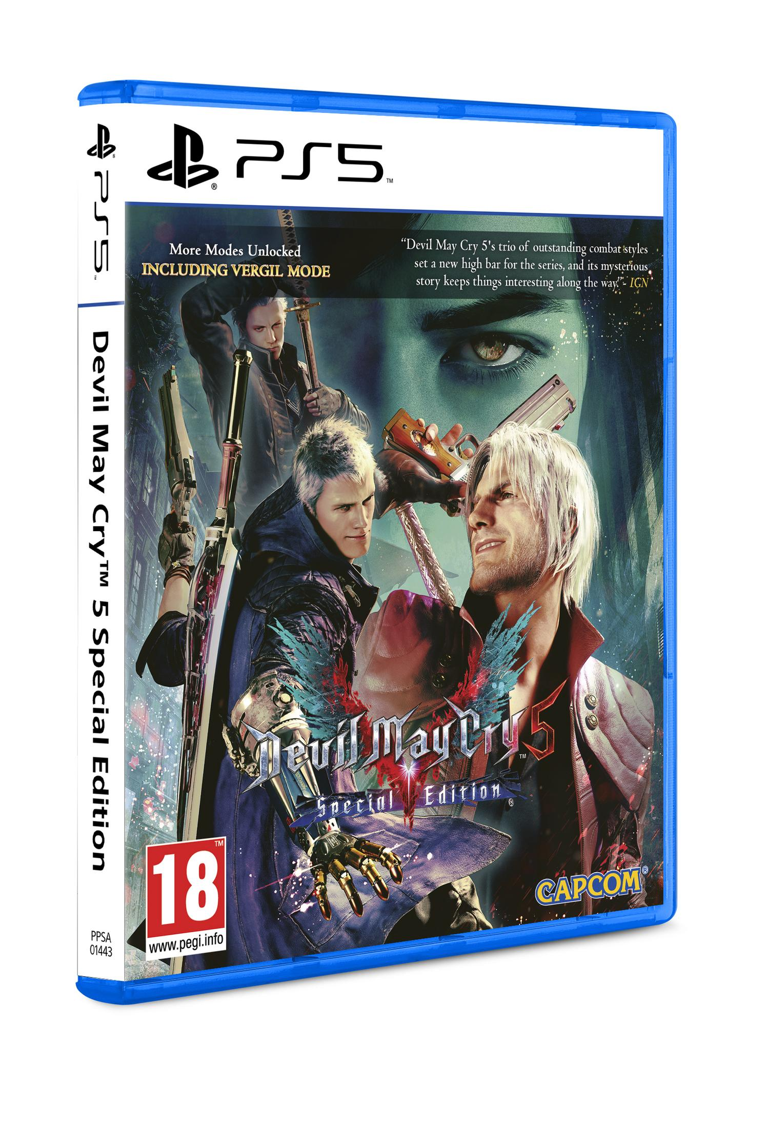 Custodia gioco PlayStation 5: Devil May Cry 5 Special Edition con personaggi e logo.